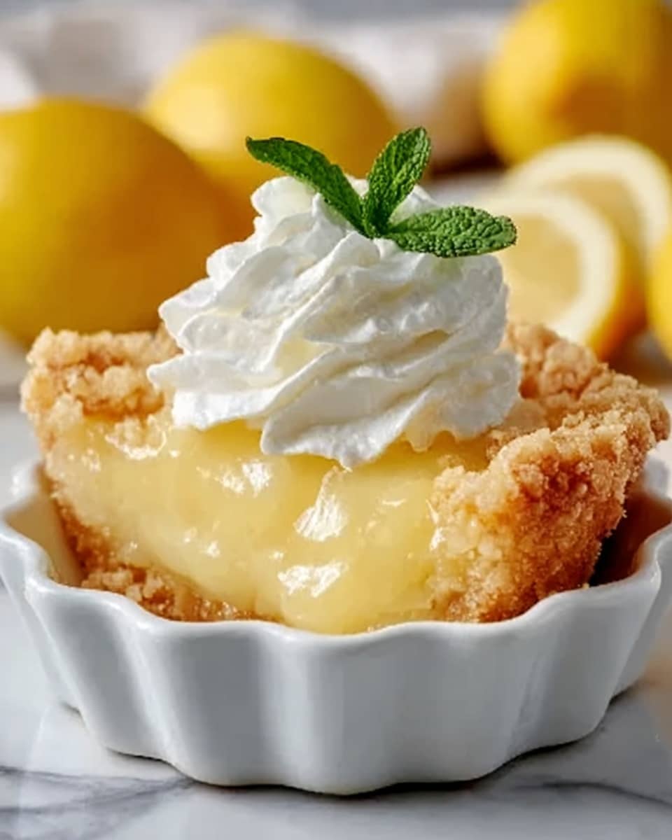 A white scalloped bowl filled with a lemon dessert that has three visible layers: a crumbly golden crust on the top and sides, a smooth and shiny pale yellow lemon filling in the middle, and a slightly rough golden crust base at the bottom. On top of the dessert, there is a dollop of white whipped cream with a small green mint leaf placed on it. The background shows blurred bright yellow lemons and the surface is a white marbled texture. Photo taken with an iphone --ar 4:5 --v 7