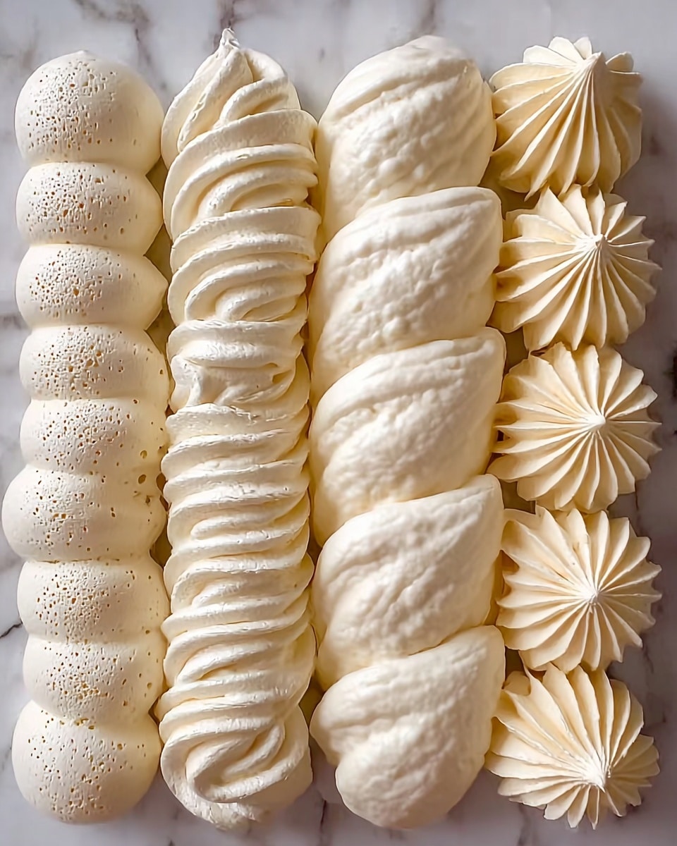The image shows four rows of piped cream or meringue shapes placed on a white marbled surface. The first row on the left has smooth, rounded dollops with small air bubbles, stacked closely in a vertical line. The second row features ridged, wave-like shapes with clear grooves, layered neatly side by side. The third row has large, smooth, connected cloud-like segments with a few tiny bubbles and rounded peaks. The fourth row on the right consists of small, star-shaped dollops with sharp ridges and a slightly darker cream tone, arranged tightly in a line. All are a pale cream color with a soft, fluffy texture. Photo taken with an iphone --ar 4:5 --v 7