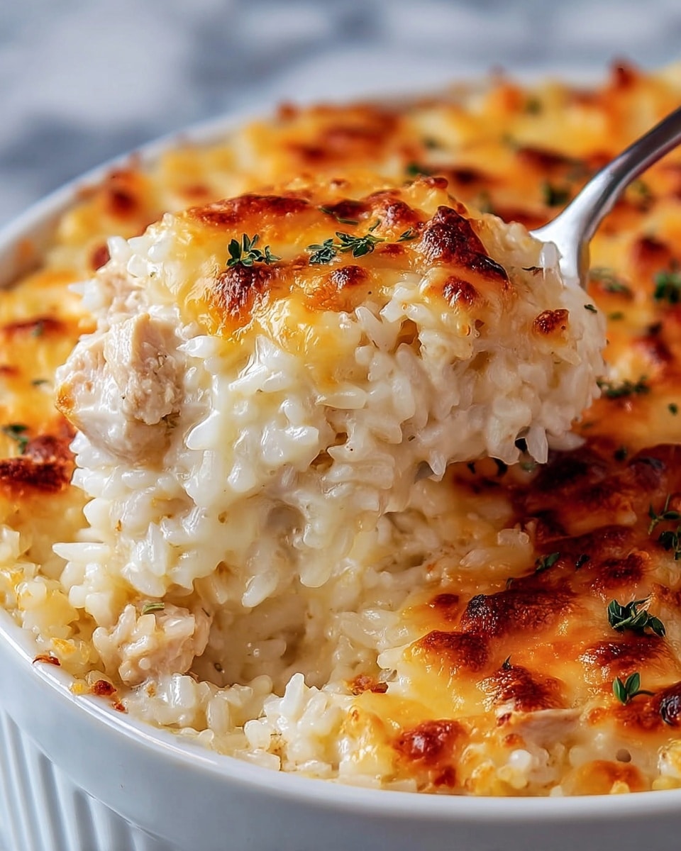 A close-up view of a creamy baked rice dish served in a white bowl, showing a three-layer composition: at the bottom, tender white rice mixed with chunks of light brown cooked chicken; the middle layer is a smooth, cheesy sauce coating the rice; the top layer is a golden-brown melted cheese with small darker toasted spots and scattered small green parsley leaves on the surface. A metal spoon lifts a portion, highlighting the soft texture and slightly crispy top, all placed on a white marbled textured surface. Photo taken with an iphone --ar 4:5 --v 7