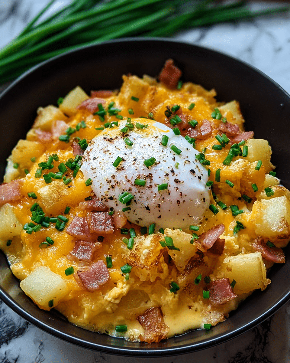 A black bowl filled with a dish that has three main layers: the bottom layer is scrambled eggs with a soft, slightly melted texture, the middle layer shows golden yellow melted cheese spread evenly over the eggs, and the top layer is a mix of browned, diced potatoes and small pieces of crispy ham scattered all around. In the center lies a perfectly cooked soft poached egg with a smooth white surface, sprinkled with small chopped green onions and a little black pepper enhancing the colors and texture. The black bowl sits on a white marbled surface. photo taken with an iphone --ar 4:5 --v 7