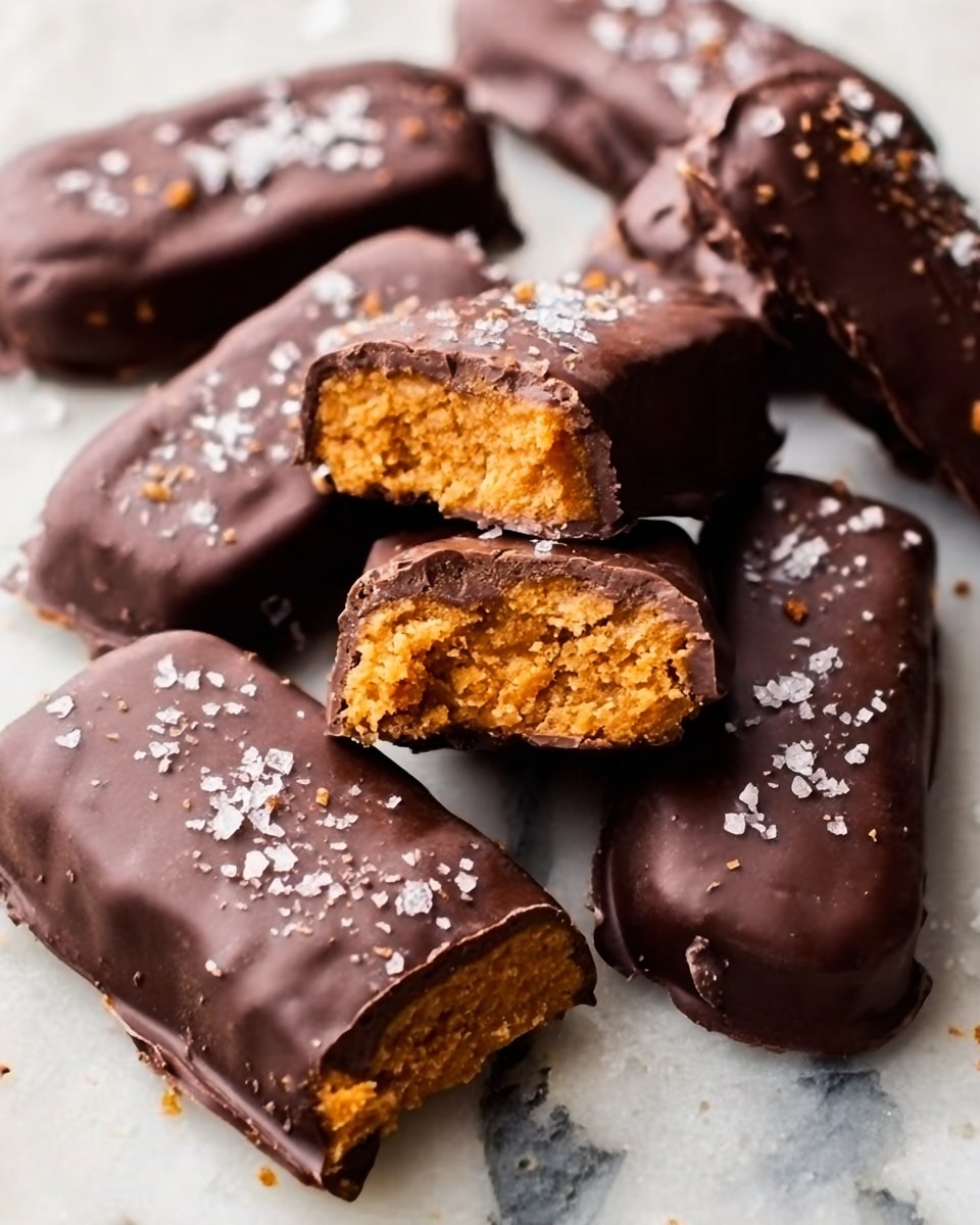The image shows several small chocolate bars on a white marbled surface. One bar is cut in half, revealing three layers inside: a crunchy pale orange center with a rough texture, surrounded by a smooth medium brown chocolate coating, and topped with small flakes of white sea salt scattered unevenly. The other bars are whole, covered with the same shiny dark chocolate and sprinkled with salt flakes. The bars have a slightly bumpy shape with a glossy finish. Photo taken with an iphone --ar 4:5 --v 7