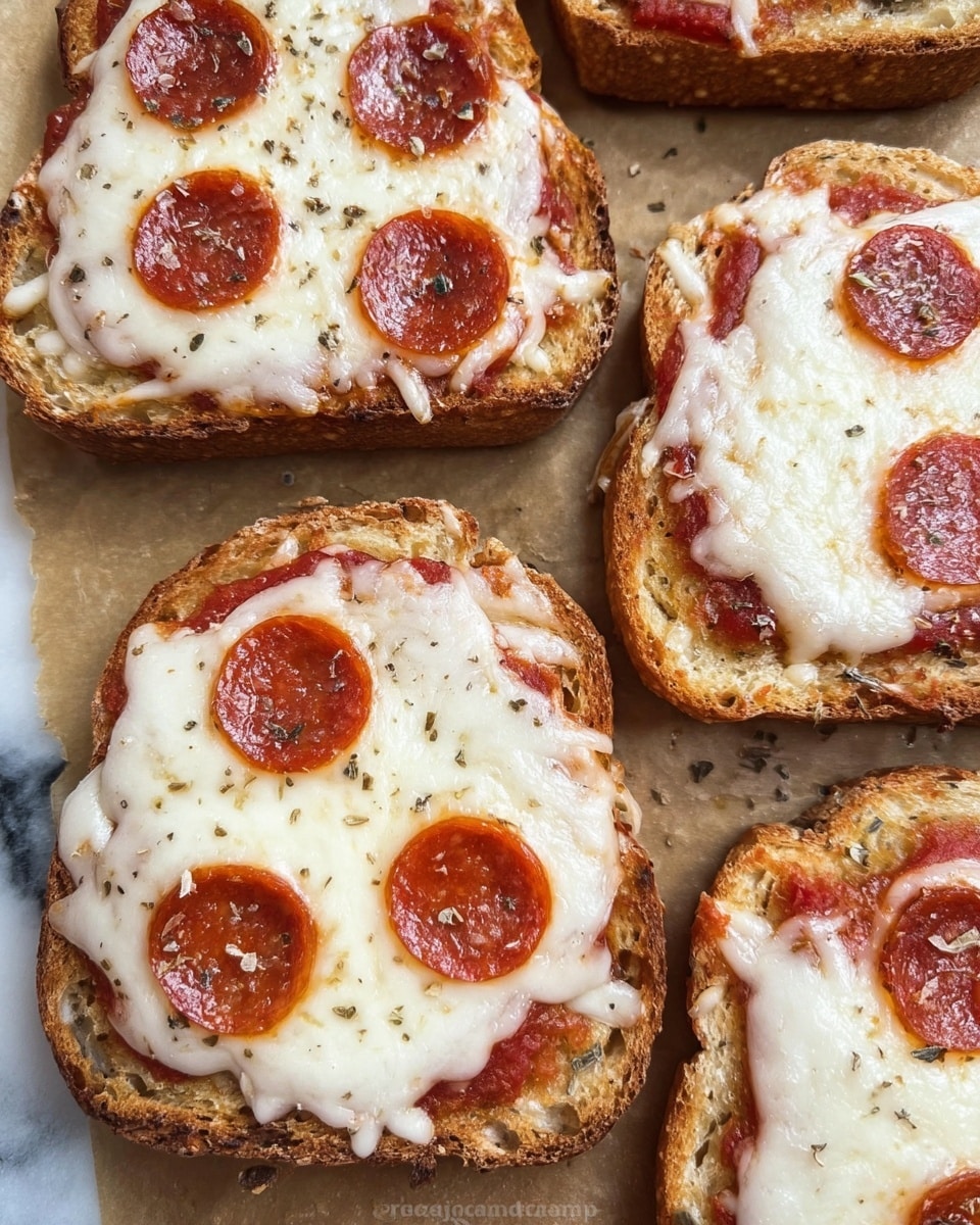 The image shows three slices of toasted bread each topped with pizza ingredients on a baking sheet lined with parchment paper. The closest slice has a base layer of red tomato sauce spread evenly, followed by a layer of melted white mozzarella cheese with a slightly golden brown tinge, and three round, shiny pepperoni slices arranged in a triangular shape on top. The middle slice features tomato sauce under an even layer of melted mozzarella cheese that stretches slightly over the edges of the bread. The slice at the back has visible tomato sauce and mozzarella cheese with three pepperoni slices spaced apart, sitting on top of a thick layer of toasted bread with a light golden crust sprinkled with herbs. The background is a white marbled texture. photo taken with an iphone --ar 4:5 --v 7