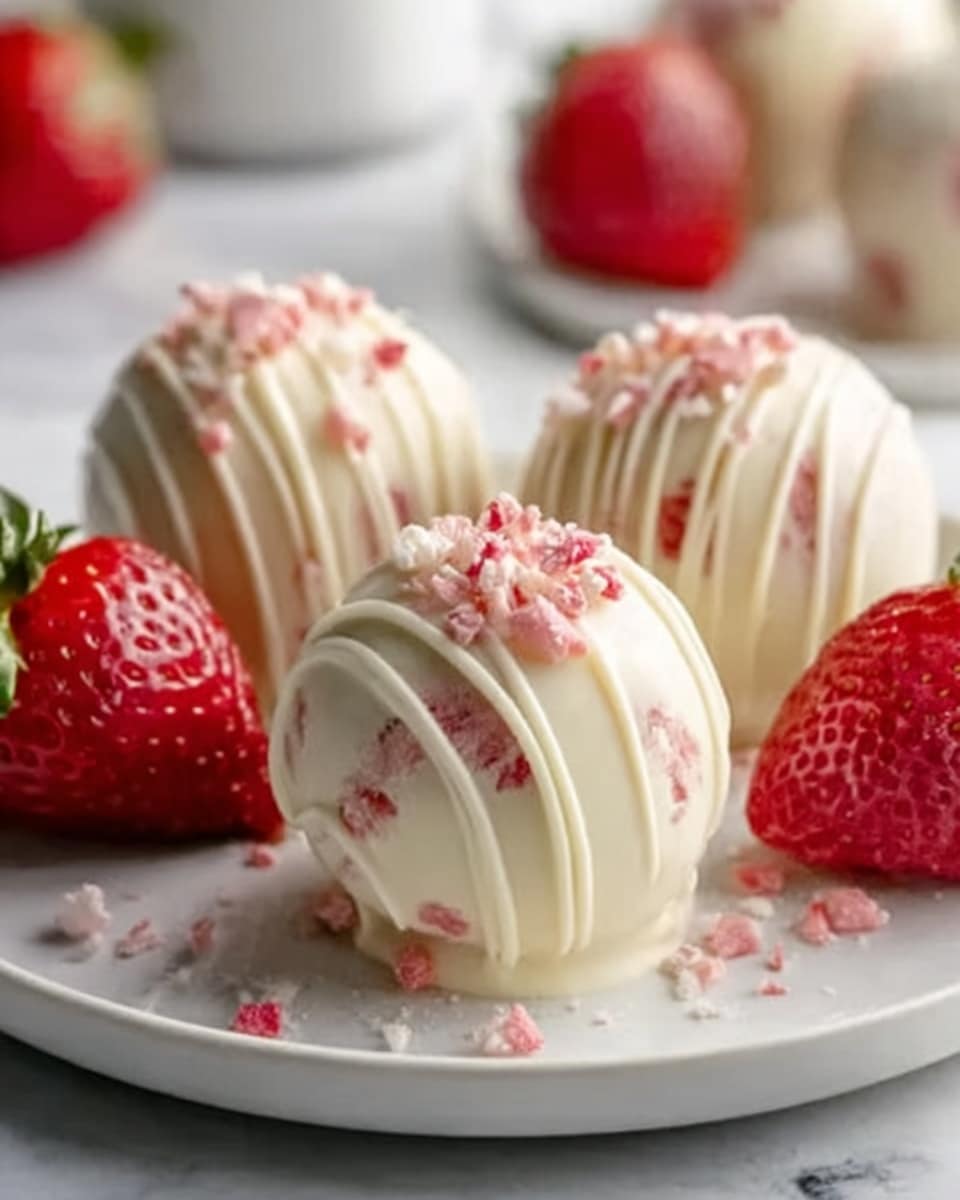 The image shows a close-up of small round desserts on a white plate, each covered with smooth white icing that drips slightly around the base. The top is decorated with small red crumbs, adding a bright contrast. Around the plate, there are fresh red strawberries with green leaves, enhancing the fresh and sweet look. The plate sits on a white marbled surface that adds a clean and elegant background. photo taken with an iphone --ar 4:5 --v 7