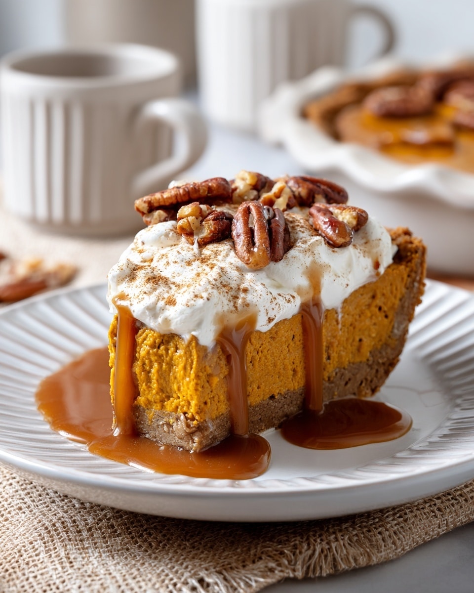 A slice of pumpkin pie with a thick, orange filling and a browned, crumbly crust sits on a white plate with subtle ridges. On top of the slice is a layer of whipped cream, creamy white and soft, covered with drizzles of amber caramel sauce that flows slightly down the sides. Scattered on the whipped cream and pie are pecan halves, dark brown and textured. The background features a white marbled surface with a blurred white container and wooden spice shakers behind the pie. photo taken with an iphone --ar 4:5 --v 7