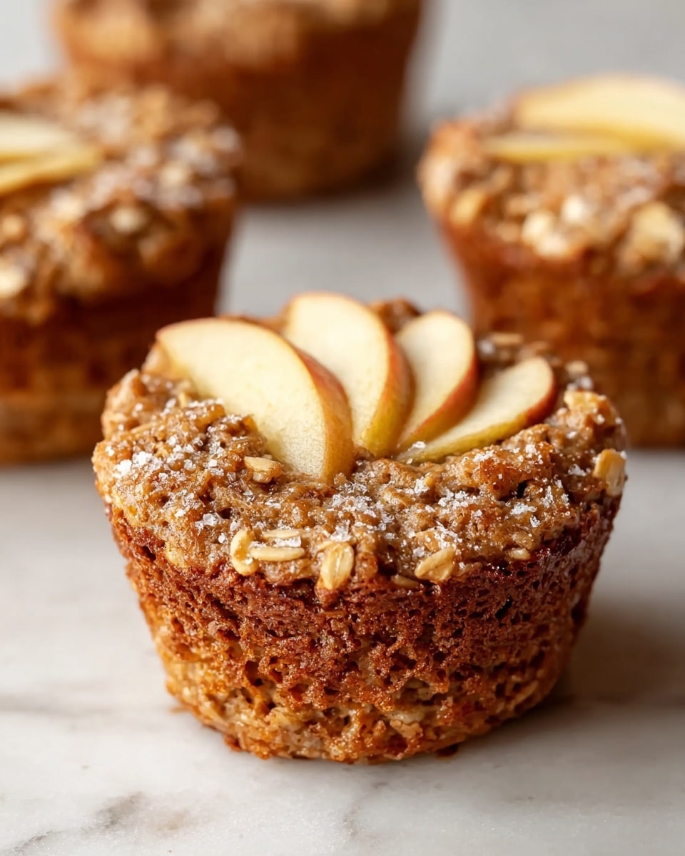 The image shows a close-up of a single oatmeal muffin with visible layers and textures. The muffin bottom is a golden-brown baked base with a rough, dense texture. The top layer is covered with light brown rolled oats, creating a coarse, grainy topping. On top of the oats, there are a few thin slices of pale yellow apple, dusted with a fine layer of cinnamon powder and a sprinkling of coarse white sugar crystals that sparkle in the light. The muffin is set on a white marbled surface, with other muffins blurred softly in the background. Photo taken with an iphone --ar 4:5 --v 7