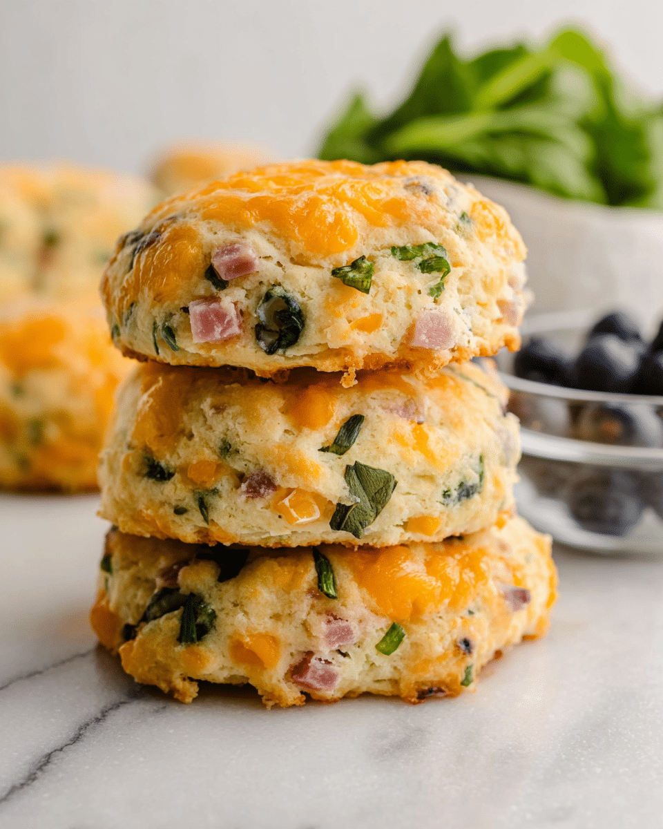 A stack of three thick, lightly browned savory scones sits on a white marbled surface. Each scone has a soft, crumbly texture with visible chunks of orange cheddar cheese, pink ham cubes, and small green spinach pieces mixed throughout the pale dough. The scones have a slightly uneven, homemade shape with cheese melted on top adding a hint of orange color. In the blurry background, a clear bowl filled with blueberries and a white bowl with leafy greens are visible. Photo taken with an iphone --ar 4:5 --v 7
