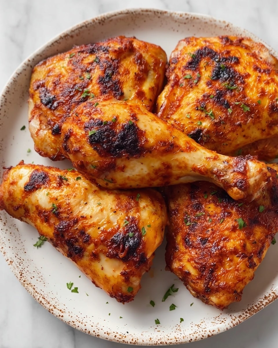 Four pieces of roasted chicken with crisp, golden-brown skin covered in dark grilled spots and light seasoning are arranged closely together on a round white plate with some light speckles around the edges. The chicken has a slightly rough and textured surface from the char, showing a mix of bright orange and darker brown colors. The plate sits on a white marbled texture background. photo taken with an iphone --ar 4:5 --v 7