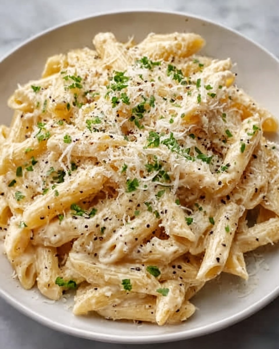 The image shows a white plate filled with creamy pasta made with penne noodles cooked to a soft texture. The pasta is coated in a smooth, off-white sauce with small specks of black pepper and garnished with finely chopped green herbs scattered evenly on top. There is a generous layer of light, fluffy grated cheese sprinkled over the pasta, giving it a slightly textured look. The plate is set on a white marbled surface, enhancing the bright and fresh appearance of the dish. Photo taken with an iphone --ar 4:5 --v 7