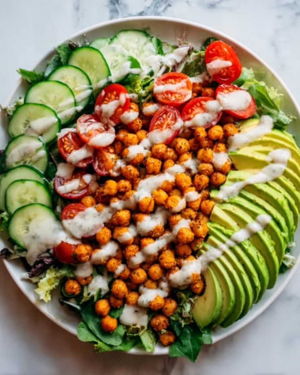 The image shows a white plate filled with a colorful salad arranged in layers. At the base, there is a layer of mixed green leafy vegetables. On top of this, there are slices of fresh green cucumber placed around the edge of the plate and halved red cherry tomatoes next to them. In the center, there is a generous layer of golden brown roasted chickpeas scattered evenly. A creamy white dressing is drizzled in thin lines across the chickpeas. On one side of the plate, there are several slices of bright green avocado fanned out. The salad is placed on a white marbled surface. Photo taken with an iphone --ar 4:5 --v 7