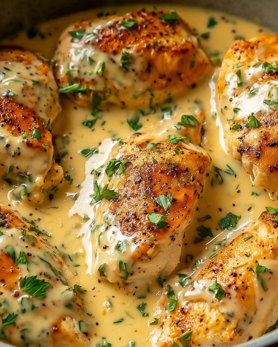 The image shows several pieces of cooked chicken breast covered in a thick, creamy sauce that is light yellow in color with visible green herbs mixed in. The chicken pieces have a golden brown, slightly charred surface and are arranged close together, partially submerged in the sauce. The sauce appears smooth and glossy with specks of black pepper and fresh chopped green parsley sprinkled on top for garnish. The background is a white marbled texture. photo taken with an iphone --ar 4:5 --v 7