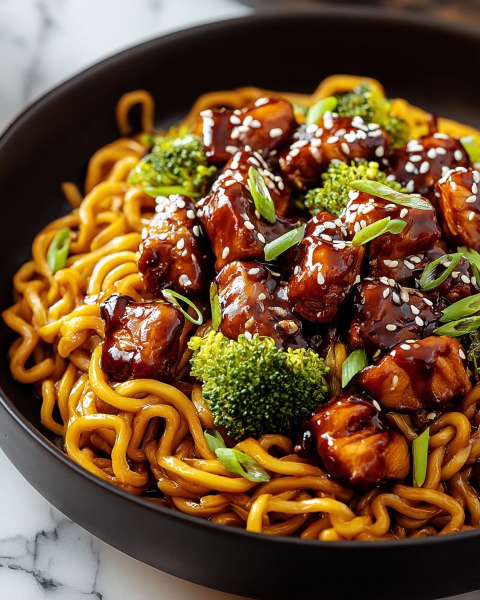 A black bowl filled with a bed of shiny, golden-brown, thick noodles forms the base layer. On top of the noodles, there are chunks of glossy, dark caramel-colored glazed chicken scattered evenly, each piece sprinkled with white and black sesame seeds. Bright green broccoli florets peek through the noodles and chicken, adding color contrast. Small pieces of green onion slices are spread around, adding freshness and texture. The background features a white marbled texture. photo taken with an iphone --ar 4:5 --v 7