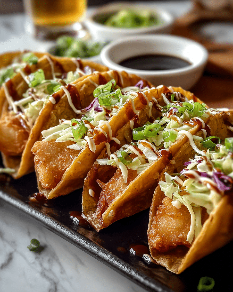 Five crispy golden-fried fish tacos are lined up close together on a dark textured rectangular plate. Each taco shell is filled with a layer of shredded light green and purple cabbage, topped with a piece of crunchy, golden fried fish. On top, there is a drizzle of light beige creamy sauce and dark reddish-brown barbecue sauce. Thinly sliced bright green onions are scattered over the tacos and plate. In the blurred background, white bowls with sauces and a glass are visible, all set on a white marbled surface. photo taken with an iphone --ar 4:5 --v 7