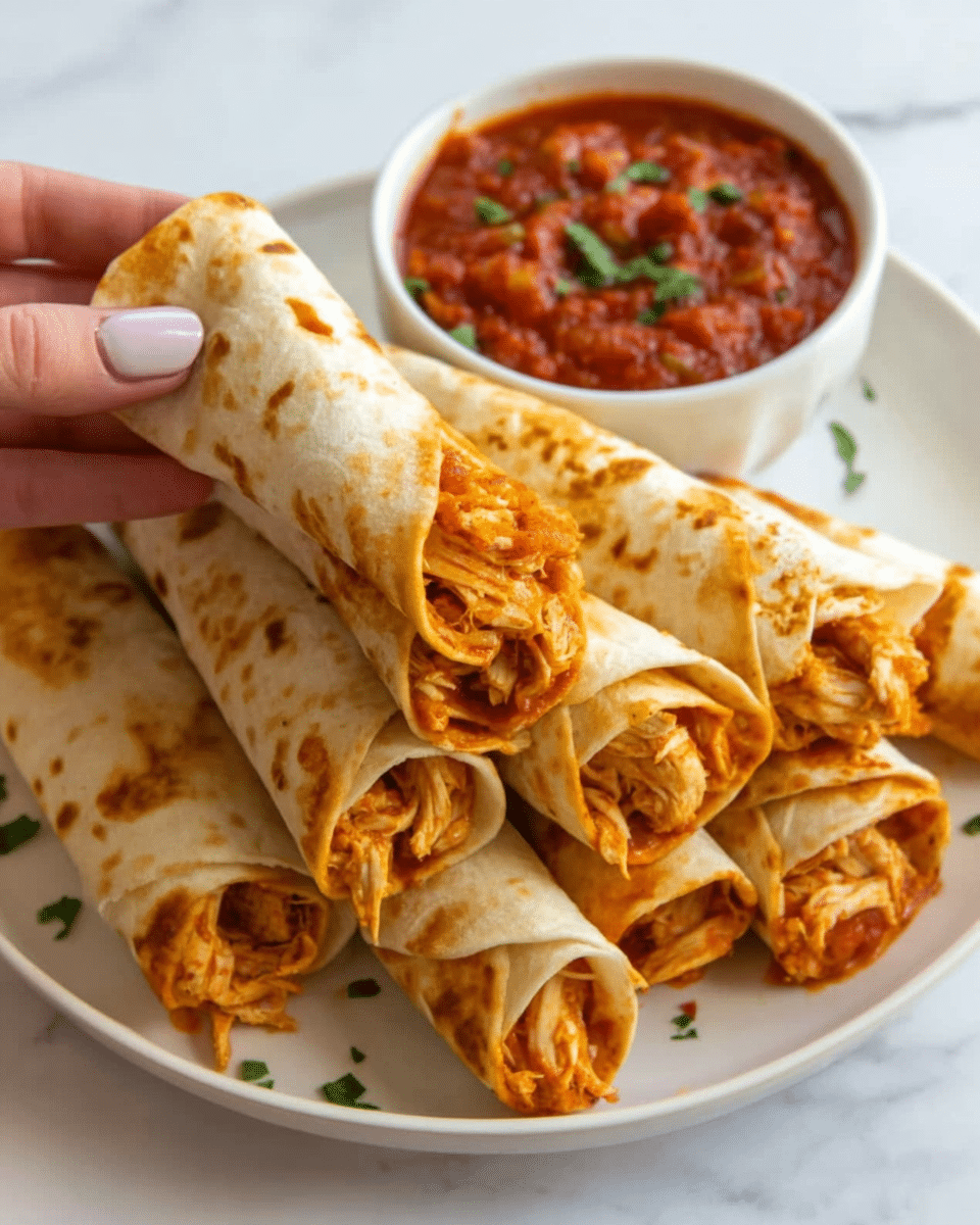 The image shows a white plate filled with a pile of golden-brown rolled taquitos stacked in layers, each taquito tightly wrapped and crispy on the outside with bits of green herbs sprinkled on top. In front of the plate, there is a small white bowl filled with thick red salsa topped with fresh green cilantro leaves. A woman's hand is holding one taquito dipped halfway into the salsa, highlighting the crunchy texture and the warm filling inside. The background features a white marbled surface, making the colors of the food stand out clearly. Photo taken with an iphone --ar 4:5 --v 7
