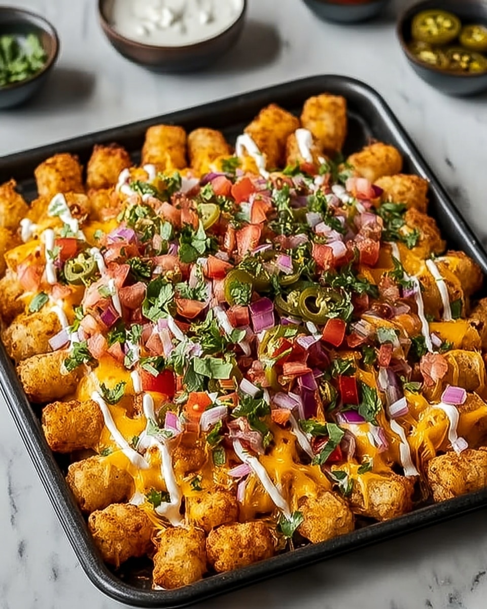 A square black baking tray full of golden brown tater tots as the base layer. The tater tots are covered evenly with melted bright orange cheddar cheese. On top is a colorful mix of chopped red onions, small green jalapeño slices, and finely chopped green cilantro. There are also bits of fresh red tomato scattered across. Drizzled over the top are thin streams of white sour cream, adding a creamy texture to the dish. The tray is placed on a white marbled surface with some small bowls blurred in the background. photo taken with an iphone --ar 4:5 --v 7