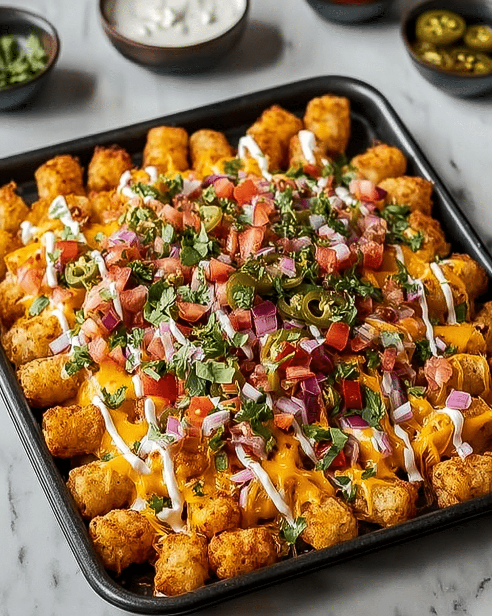 This image shows a square black tray filled with golden crispy tater tots as the base layer. Melted bright orange cheddar cheese covers the tater tots evenly. On top, there are scattered pieces of chopped red onions, small diced red tomatoes, and slices of green jalapeños. Drizzles of white creamy sauce run across the dish in lines. Fresh chopped green herbs are sprinkled all over. The tray rests on a white marbled surface. photo taken with an iphone --ar 4:5 --v 7