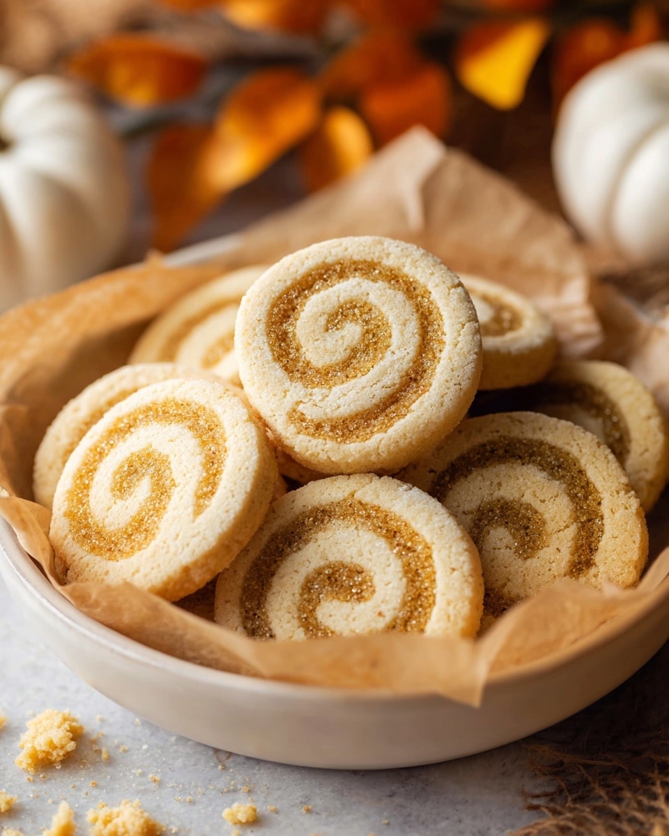 A round white bowl lined with slightly crumpled parchment paper holds a stack of seven spiral cookies. Each cookie has two thick swirl layers: an outer light beige layer with a soft texture and a slightly darker golden-brown inner swirl with a fine grainy texture. The cookies are arranged in a casual pile, overlapping each other. The white marbled surface below is partially seen, with a few cookie crumbs scattered around. In the background, there are blurred autumn leaves and hints of white decorative pumpkins, adding a warm, cozy feel. photo taken with an iphone --ar 4:5 --v 7