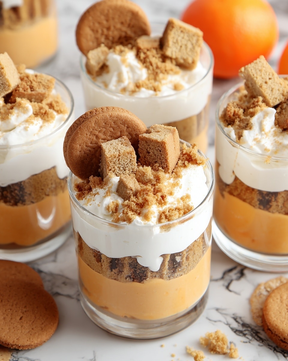 The image shows four clear glass cups filled with a three-layer dessert. The bottom layer is light orange, smooth and creamy, followed by a thick, white, fluffy whipped topping layer. On top, there are crumbly brown pieces and bigger square chunks of what looks like golden cake. Each cup is also garnished with a round brown cookie standing against the side. The dessert cups are placed on a white marbled surface with some scattered cookies and an orange fruit in the background. photo taken with an iphone --ar 4:5 --v 7