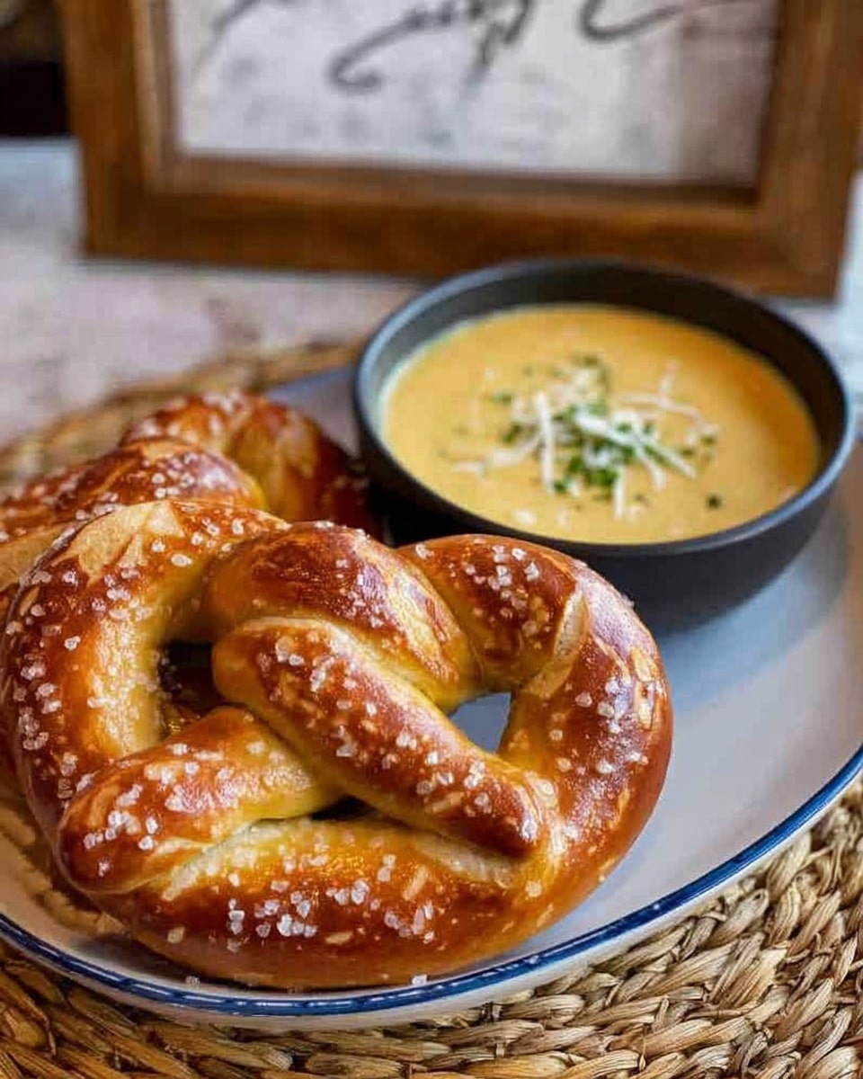 The image shows two golden brown pretzels sitting on a white plate with a blue rim, each pretzel sprinkled with coarse salt and having a shiny, baked crust with darker brown spots on the twists. Behind the plate is a black bowl filled with smooth, creamy yellow cheese sauce topped with green herbs and bits of shredded white cheese. The plate and bowl sit on a woven straw mat, and the background features a wooden frame with cursive writing on a white marbled surface. Photo taken with an iphone --ar 4:5 --v 7