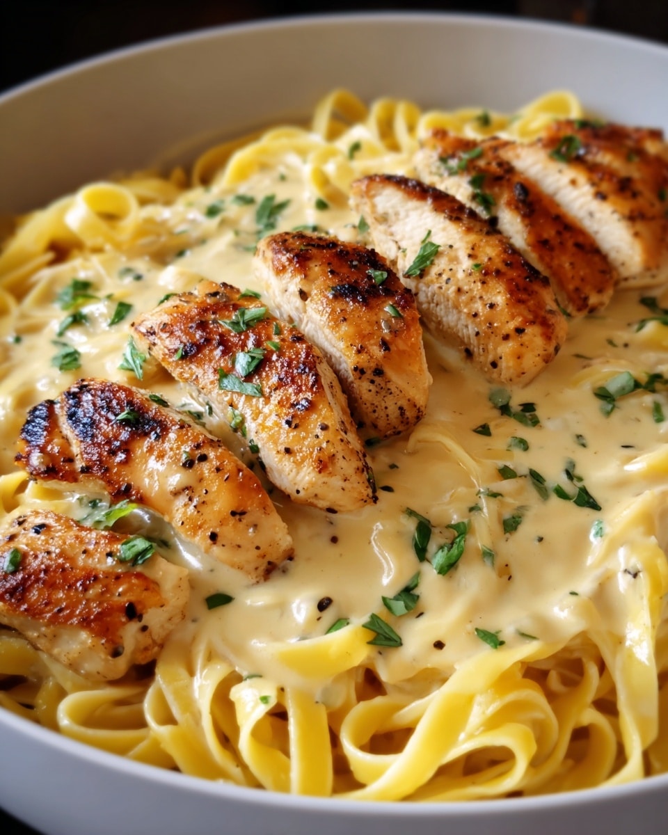 A white bowl filled with a creamy pasta base of light yellow fettuccine noodles, topped with five pieces of golden-brown grilled chicken breast arranged in a single row across the top. The chicken pieces have a slightly crispy texture with visible black pepper specks and are garnished with small green herb leaves sprinkled over them. The sauce covering the pasta is smooth and creamy, slightly pale beige, coating the noodles evenly. The photo is taken with an iphone --ar 4:5 --v 7