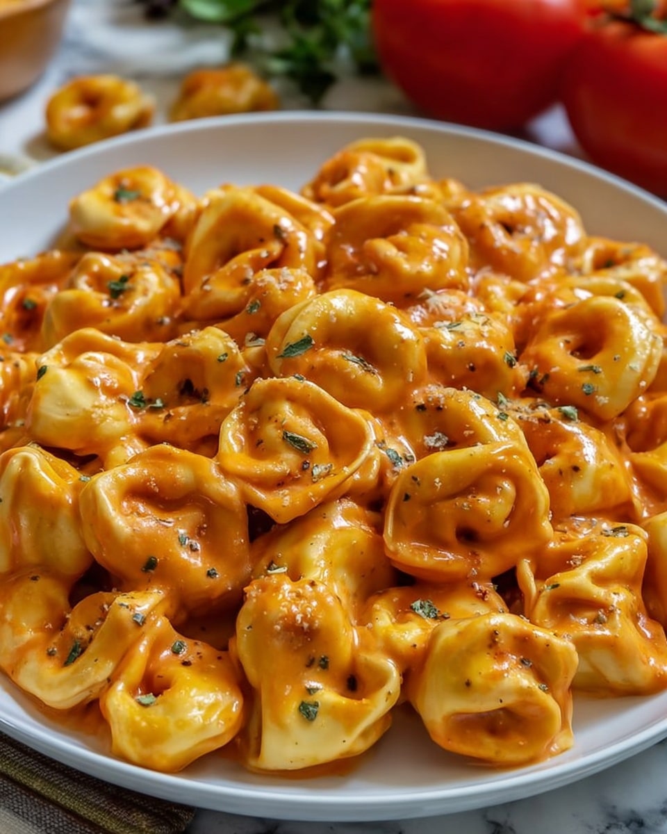 A white shallow bowl is filled with a large amount of tortellini pasta coated in a creamy orange sauce, with small green herb pieces scattered lightly on top for color contrast. The tortellini pieces are plump, folded, and smooth, arranged closely together to cover the entire surface of the bowl. In the background, a red tomato is partially visible on the left side, sitting on a white marbled surface. Two uncooked tortellini pieces lie in the bottom left corner next to the bowl. The overall look is warm and inviting with a focus on the rich texture of the sauce over the soft pasta. Photo taken with an iphone --ar 4:5 --v 7