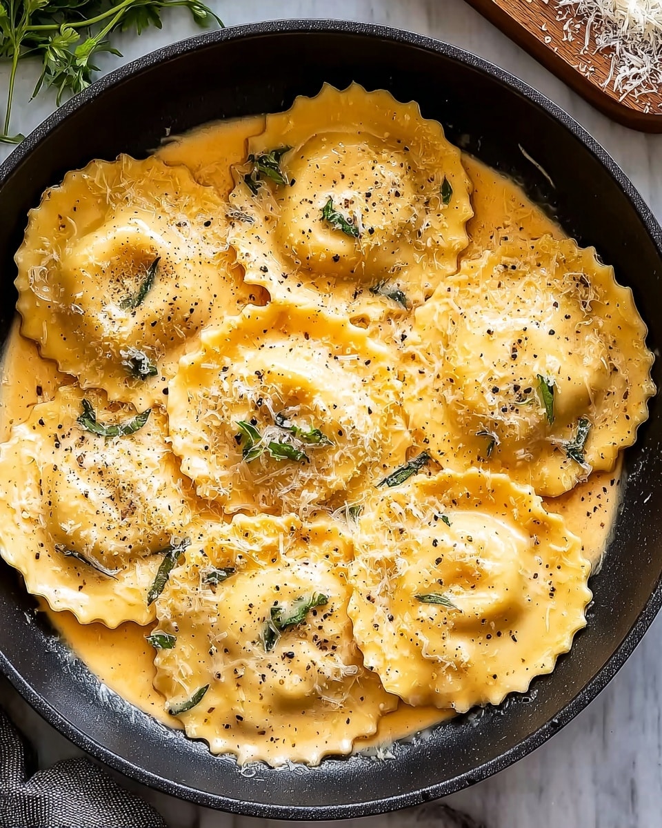 A close-up view of a black round pan filled with six large round ravioli pieces in a creamy light orange sauce. Each ravioli is pale yellow with ruffled edges and sprinkled with small green herb flakes and ground black pepper. The smooth sauce covers the bottom layer, gently pooling around the ravioli while finely grated cheese is lightly scattered over the top. In the background to the right, a wooden board holds grated cheese, and fresh green herb stems are visible at the left edge on a white marbled surface. photo taken with an iphone --ar 4:5 --v 7