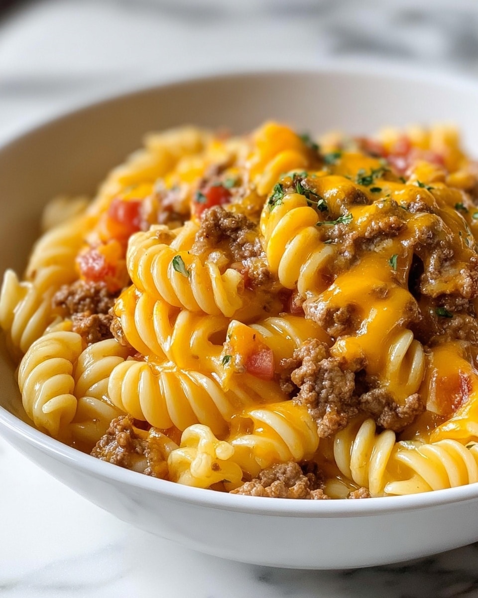A close-up view of a bowl filled with pasta made of spiral rotini noodles cooked to a light yellow color. Mixed in are small pieces of ground beef in a brown shade and bright orange melted cheddar cheese that evenly covers the noodles and meat. Small bits of red tomato and green herbs are scattered throughout the dish, adding color contrast. The white bowl has a simple ribbed design along the sides and rests on a white marbled surface. The image focuses on the rich texture of the cheesy pasta mix, highlighting its creamy and hearty look. photo taken with an iphone --ar 4:5 --v 7