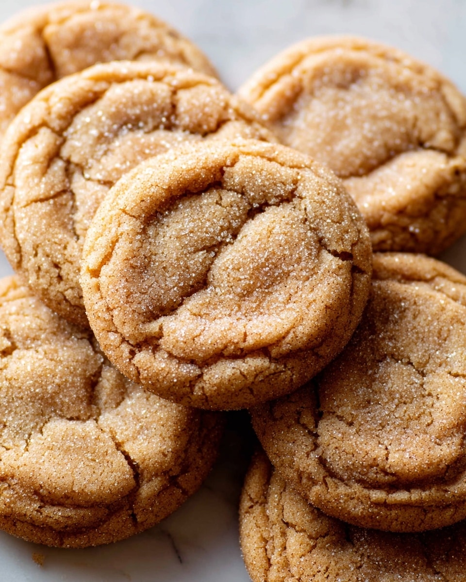 A close-up of several soft, round cookies stacked slightly on each other on a white marbled surface. Each cookie is light brown and has a crinkled top texture with a fine sprinkling of sugar granules that catch the light, creating a slight sparkle. The edges of the cookies are slightly darker, giving a hint of crispiness, and the middle parts show gentle folds and cracks that make them look chewy and fresh-baked. The arrangement is casual, showing the natural, uneven shape and texture of each cookie. photo taken with an iphone --ar 4:5 --v 7