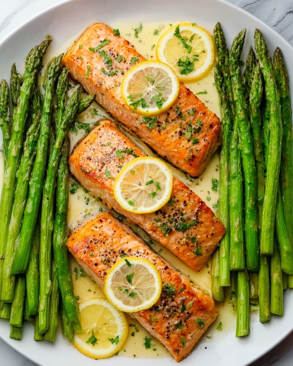 The image shows a white plate with three pieces of cooked salmon, each piece having a crispy light orange surface with some black pepper and green herbs sprinkled on top. Each salmon piece has a small triangular slice of lemon on it. To the right of the salmon, there is a neat row of bright green cooked asparagus spears with a slightly shiny texture. The plate sits on a white marbled surface. Photo taken with an iphone --ar 4:5 --v 7