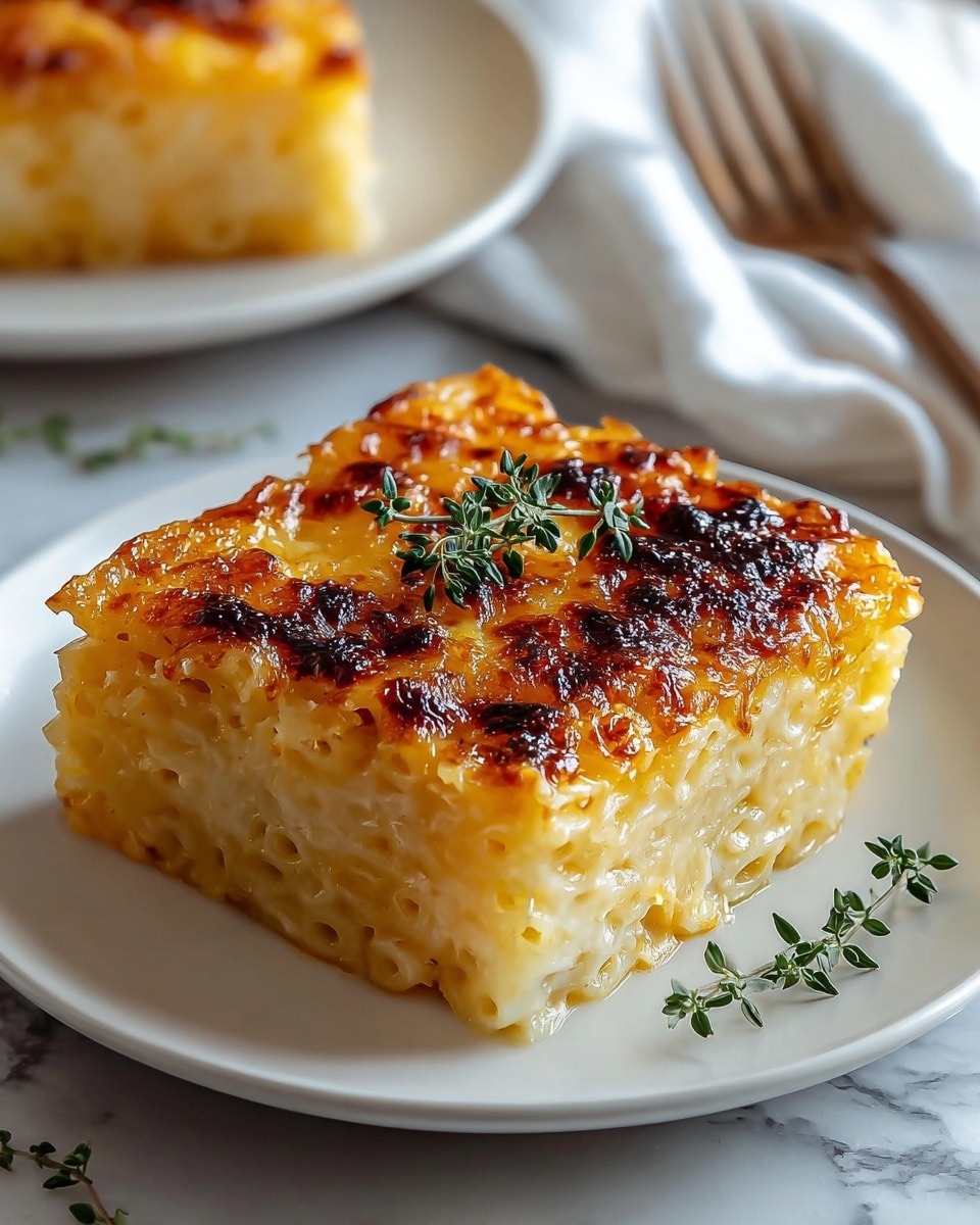 A square piece of baked pasta sits on a white plate, showing two clear layers; the bottom layer is creamy and light yellow with visible pasta strands while the top layer is golden brown and crispy with dark caramelized spots, topped with a small sprig of fresh green herbs placed in the center. The plate is on a surface with a white marbled texture, and a white cloth with a fork is visible in the background, with another similar plate blurred behind it. photo taken with an iphone --ar 4:5 --v 7