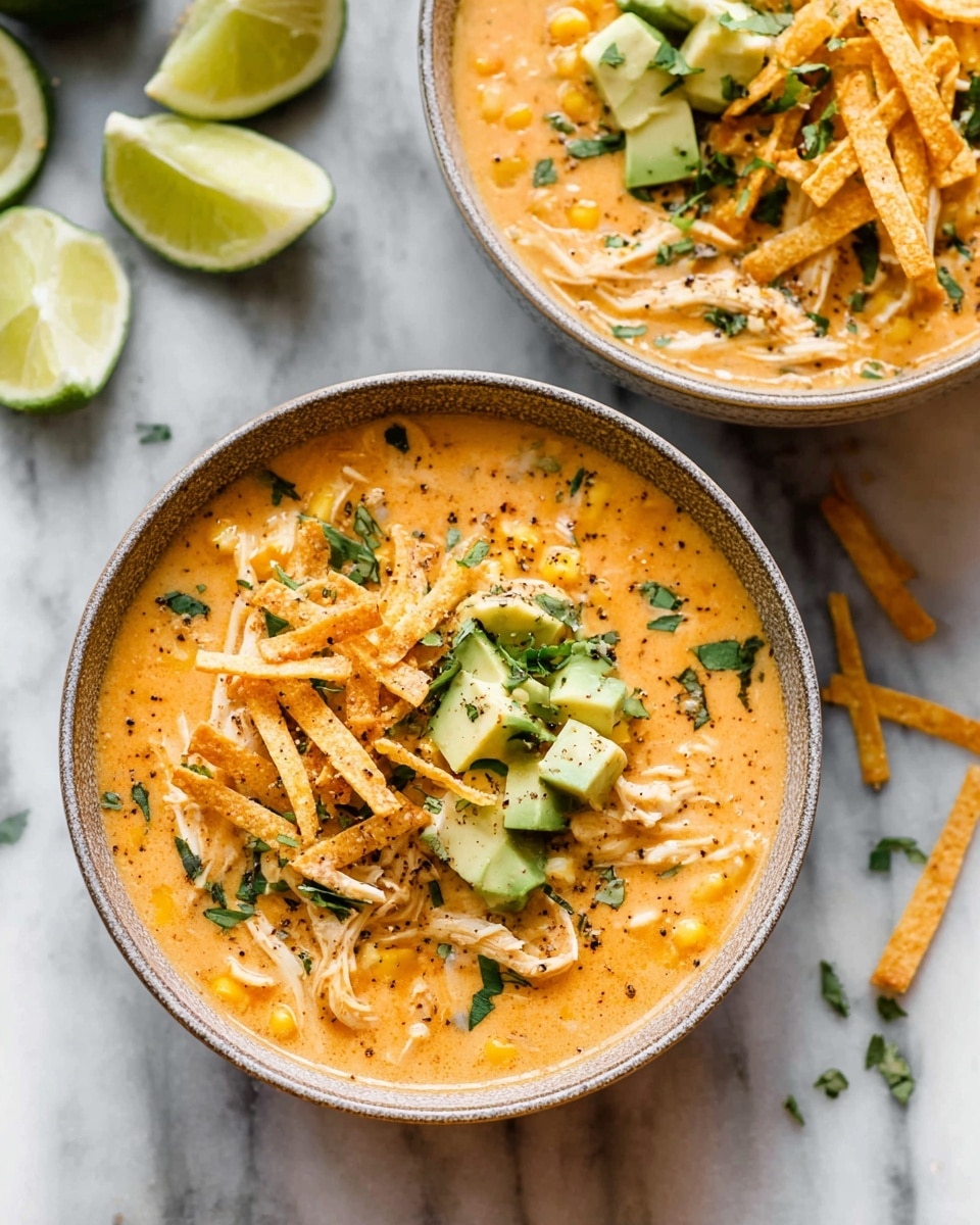 The image shows two bowls filled with creamy orange soup containing shredded chicken and corn, topped with diced green avocado pieces, light orange crispy tortilla strips, shredded cheese, and sprinkled green herbs, all dusted with black pepper. The bowls are placed on a white marbled surface with lime halves and some extra toppings scattered around. The texture of the soup is smooth with visible chunks of ingredients mixed inside. photo taken with an iphone --ar 4:5 --v 7