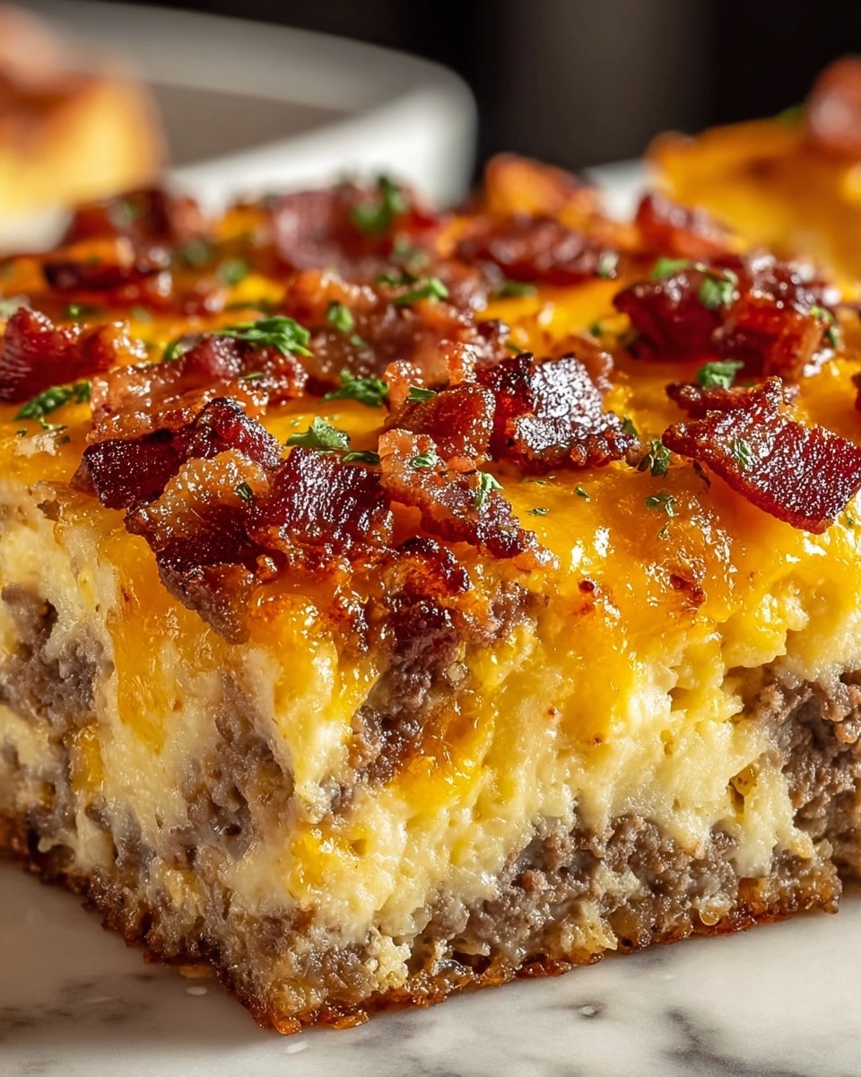 This close-up image shows a thick layered casserole cut into squares. The bottom layer is a crumbly, brown cooked ground meat. Above it is a thick, creamy, light-yellow egg mixture layer with a soft, slightly fluffy texture. The top layer is melted golden yellow cheese sprinkled with small crispy, dark reddish-brown bacon pieces and scattered fresh green herbs for color contrast. The dish is set against a white marbled surface, giving a clean look. photo taken with an iphone --ar 4:5 --v 7