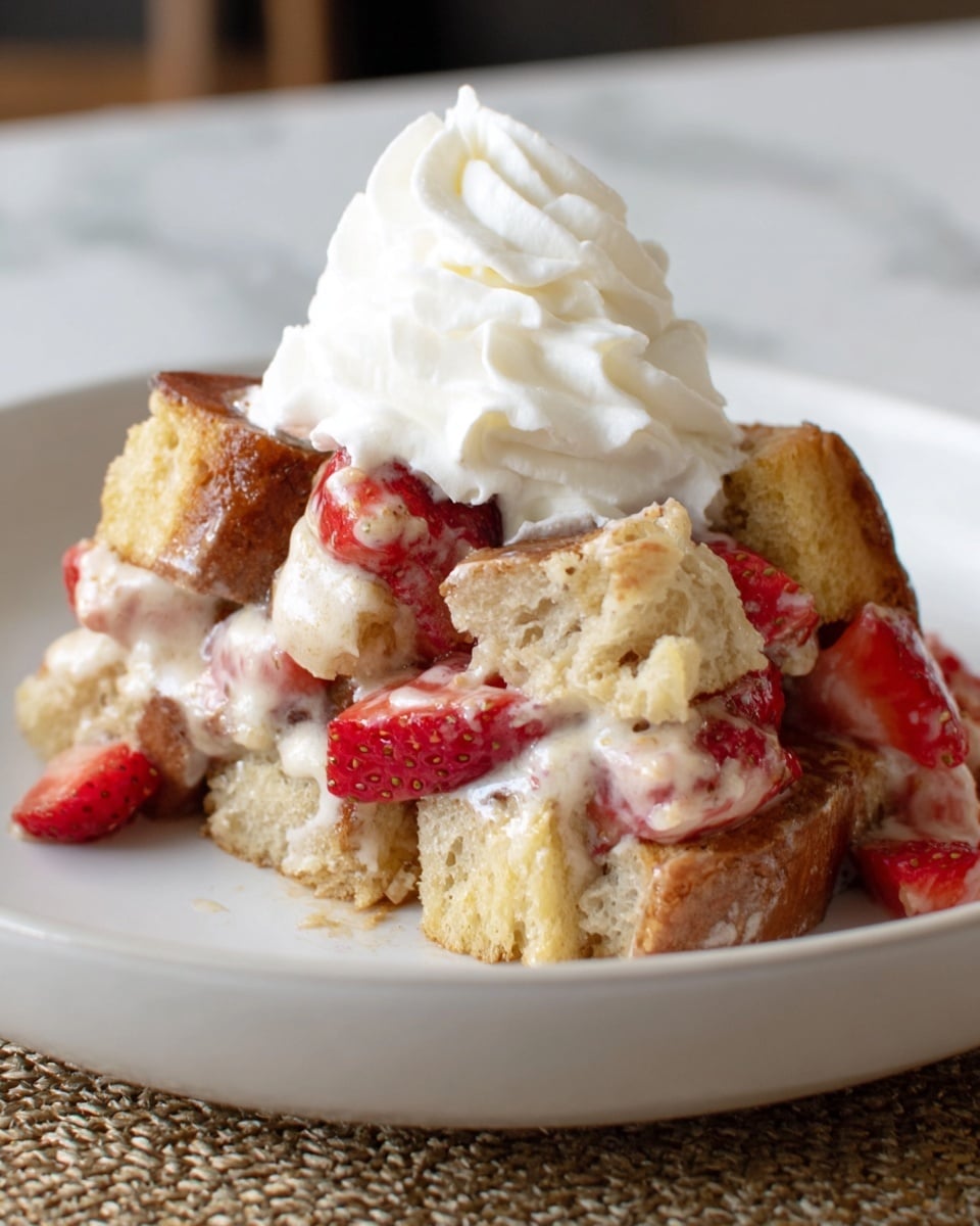 A close-up view of a dessert made of four layers on a white plate resting on a white marbled surface. The bottom layer consists of pieces of light brown toasted bread with a rough texture and some cream-colored custard or sauce mixed in. The second layer has bright red strawberry chunks scattered between the bread pieces. The third layer is more pieces of toasted bread with a slightly golden crust. The top layer is a swirl of smooth, white whipped cream placed neatly on top, adding height and softness to the dish. Photo taken with an iphone --ar 4:5 --v 7