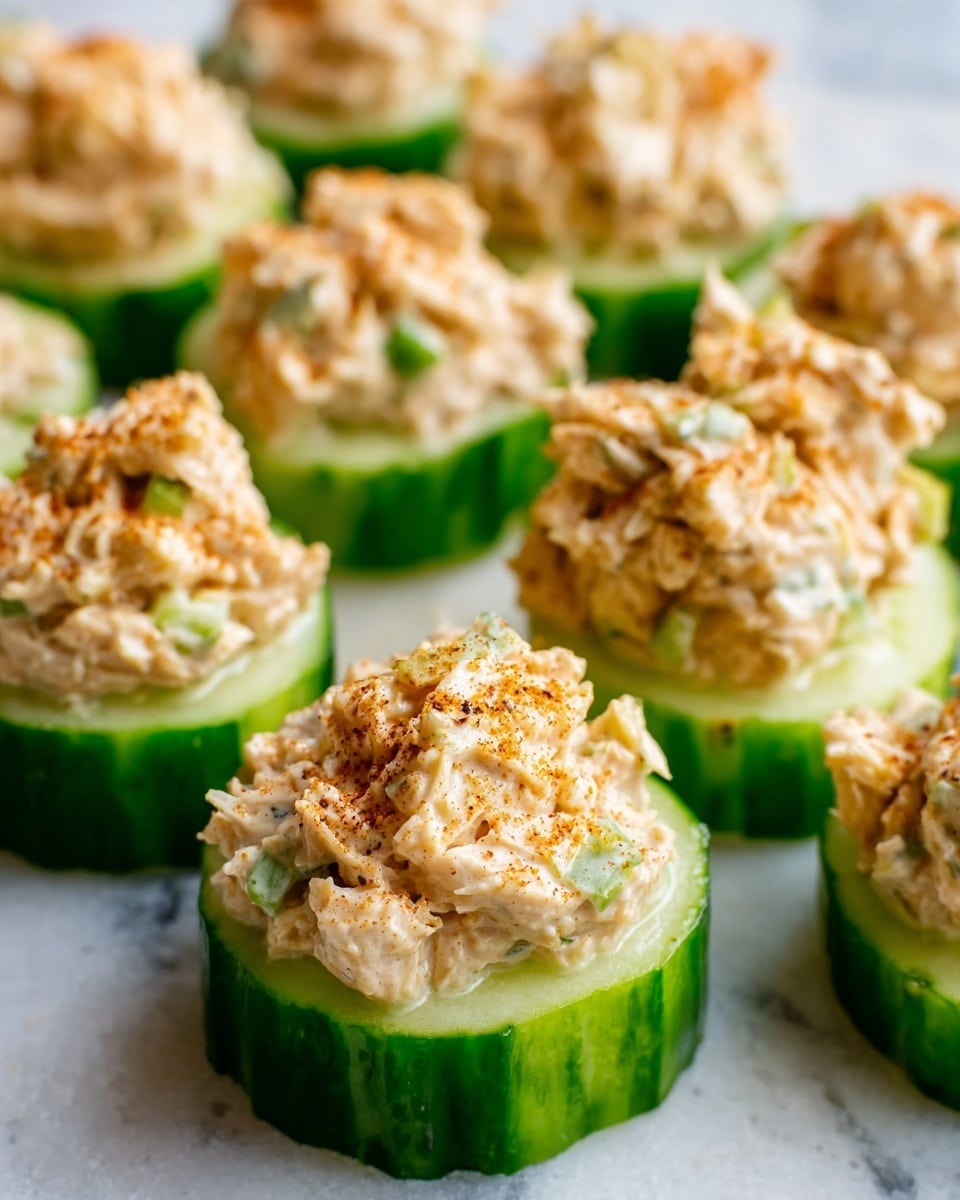 The image shows small cucumber rounds serving as the base layer, bright green with a smooth, shiny texture. On top of each cucumber slice is a creamy, light orange spread that looks slightly chunky, likely a mix of ingredients, giving a soft and textured look. Each topping is garnished with small green flecks, possibly herbs, and a light sprinkle of seasoning that adds a touch of brown. The bites are aligned closely together on a white marbled surface. Photo taken with an iphone --ar 4:5 --v 7