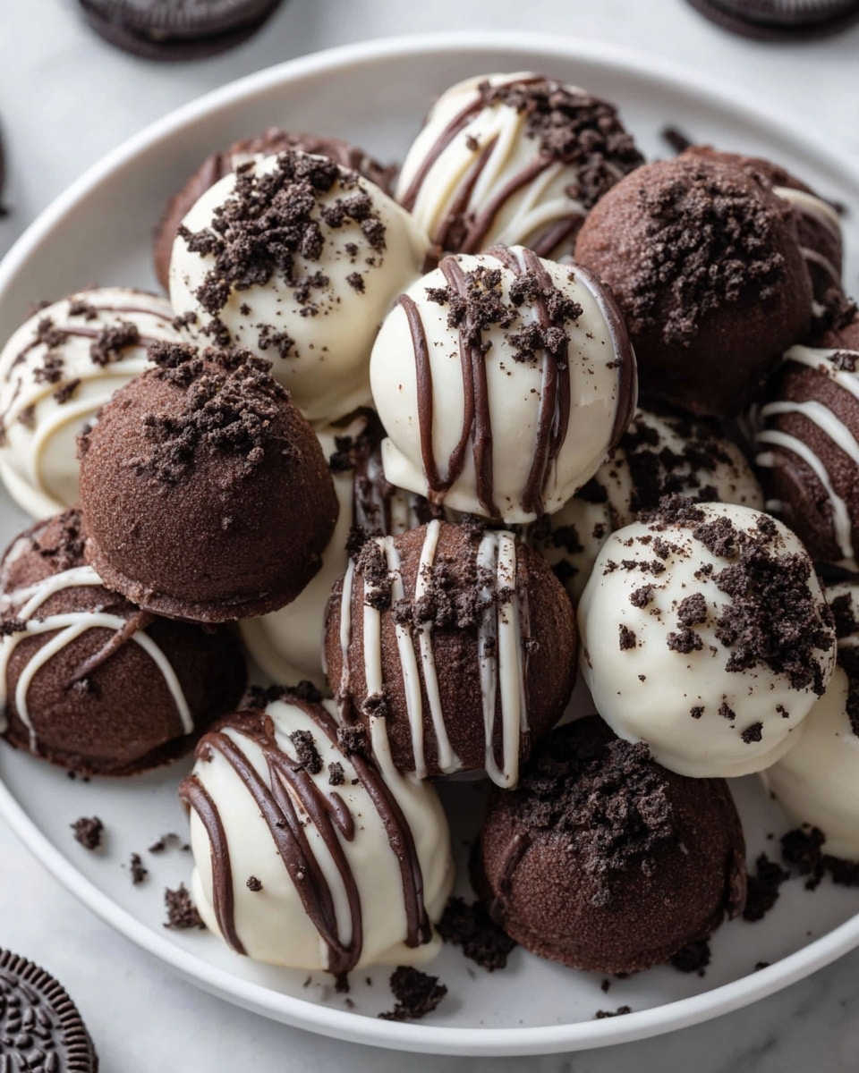 A white round plate with several Oreo truffles arranged closely. The truffles come in two styles: smooth dark chocolate spheres with a soft matte texture and some topped with dark chocolate drizzles and crushed Oreo crumbs, and smooth white chocolate spheres with a glossy finish, decorated similarly with dark chocolate drizzle and scattered dark Oreo crumbs. Some Oreo cookies are placed under the truffles at the edges, adding black and white details. The plate sits on a white marbled textured surface. photo taken with an iphone --ar 4:5 --v 7