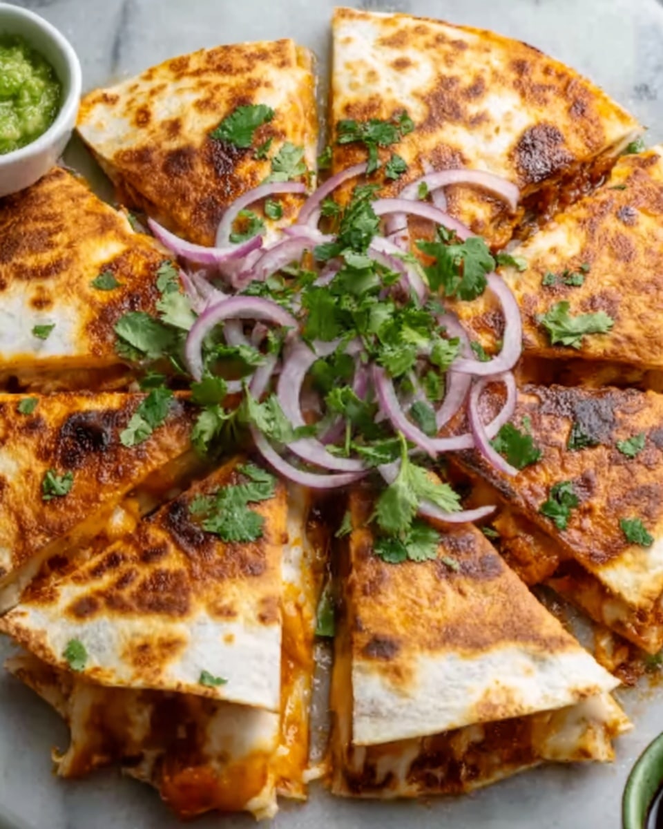 A round quesadilla cut into eight triangular slices is arranged on a white marbled surface, each slice showing a crispy, golden-brown, slightly charred top layer with melted cheese. Visible layers inside the quesadilla include a light brown tortilla, gooey melted cheese with orange and white colors, and bits of what looks like cooked tomato or sauce peeking through. The slices are topped with thin slices of red onion and fresh green cilantro leaves scattered over the middle. A small white bowl of green salsa or guacamole is in the background. photo taken with an iphone --ar 4:5 --v 7