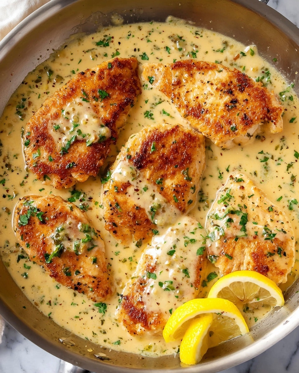 A close-up image of a silver pan filled with six golden-brown cooked chicken breasts in creamy, light yellow sauce speckled with herbs. The chicken pieces have a slightly crispy, textured surface with dark browned spots and are partially covered in smooth sauce. In the right corner, three fresh, bright yellow lemon wedges rest in the sauce. The pan sits on a white marbled surface, adding a clean and fresh look. Photo taken with an iphone --ar 4:5 --v 7