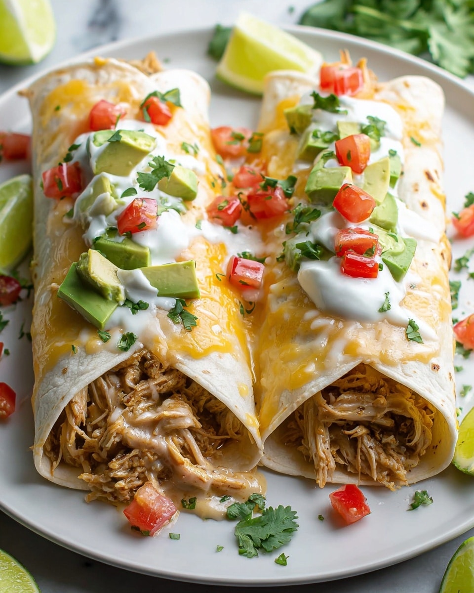 Two soft tortillas are rolled and placed side by side on a white plate, each filled with a creamy mixture of melted cheese, shredded chicken, and light sauce that spills slightly onto the plate. On top of each tortilla, there are small dollops of sour cream, diced red tomatoes, green cilantro leaves, and slices of pale green avocado. Around the plate, there are lime wedges and scattered pieces of tomato, yellow pepper, and cilantro for added color. The whole scene sits on a white marbled texture surface. Photo taken with an iphone --ar 4:5 --v 7