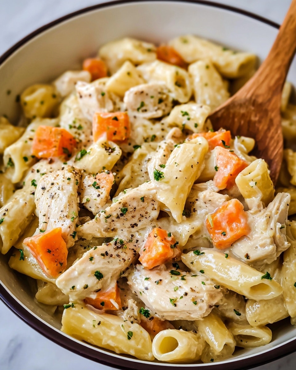 The image shows a close-up of a dish in a white bowl with a black rim filled with creamy chicken noodle soup. The dish has one main layer of curly, yellowish pasta mixed with chunks of light brown chicken and small, bright orange carrot cubes spread evenly throughout. The creamy sauce has a slightly glossy texture and is mixed with finely chopped green herbs sprinkled on top. Black pepper is also visibly scattered over the dish, adding specks of dark contrast. A wooden spoon is partially visible, resting on the right side, digging into the noodles. The bowl is placed on a white marbled surface. photo taken with an iphone --ar 4:5 --v 7