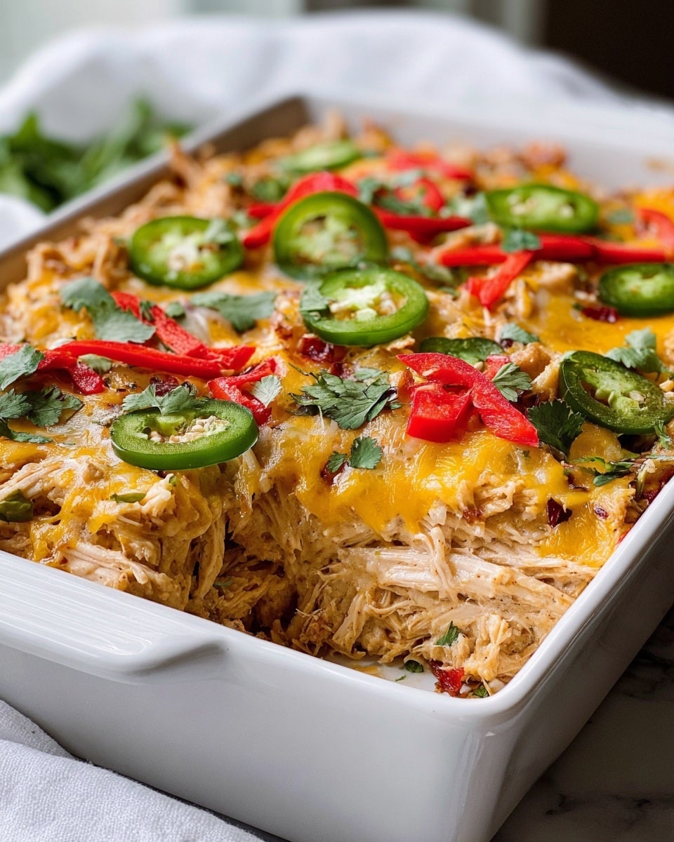 A white rectangular baking dish filled with a layered chicken casserole; the bottom layer is light brown shredded chicken pieces, topped with a melted golden-yellow cheese layer, garnished with bright red sliced bell peppers, green sliced jalapeños, and fresh green cilantro leaves scattered on top. The dish sits on a white marbled surface with part of a white cloth visible beside it. Photo taken with an iphone --ar 4:5 --v 7