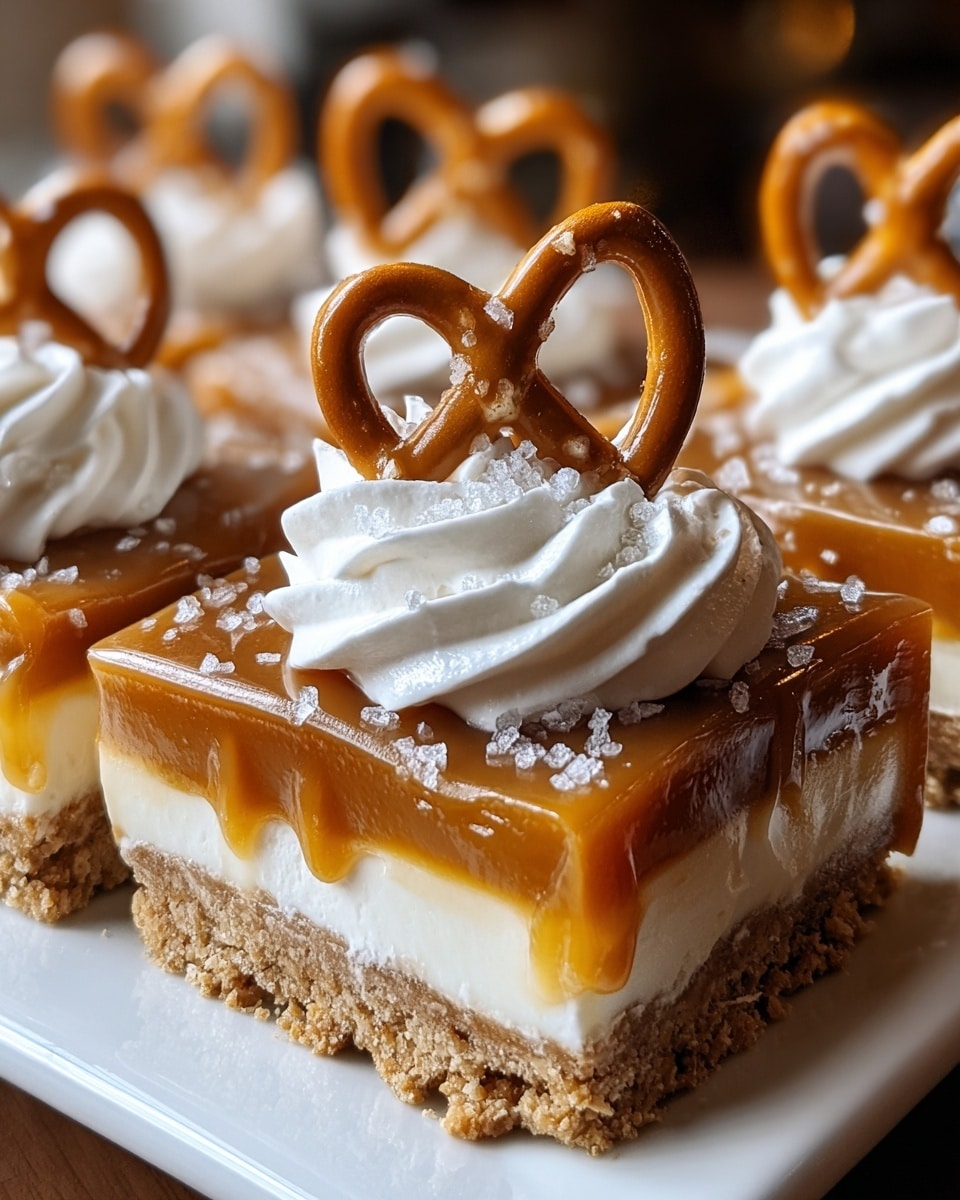 A close-up of four dessert squares arranged in a row on a white rectangular plate, each square showing three layers: a bottom layer of crumbly brown crust, a thick middle layer of creamy white filling, and a shiny golden caramel layer dripping slightly down the sides. On top of each square, there is a tall swirl of white whipped cream, crowned with a small brown pretzel sprinkled with coarse white salt crystals. The background features a soft warm light with blurred candle shapes, and the plate is set against a white marbled surface. photo taken with an iphone --ar 4:5 --v 7