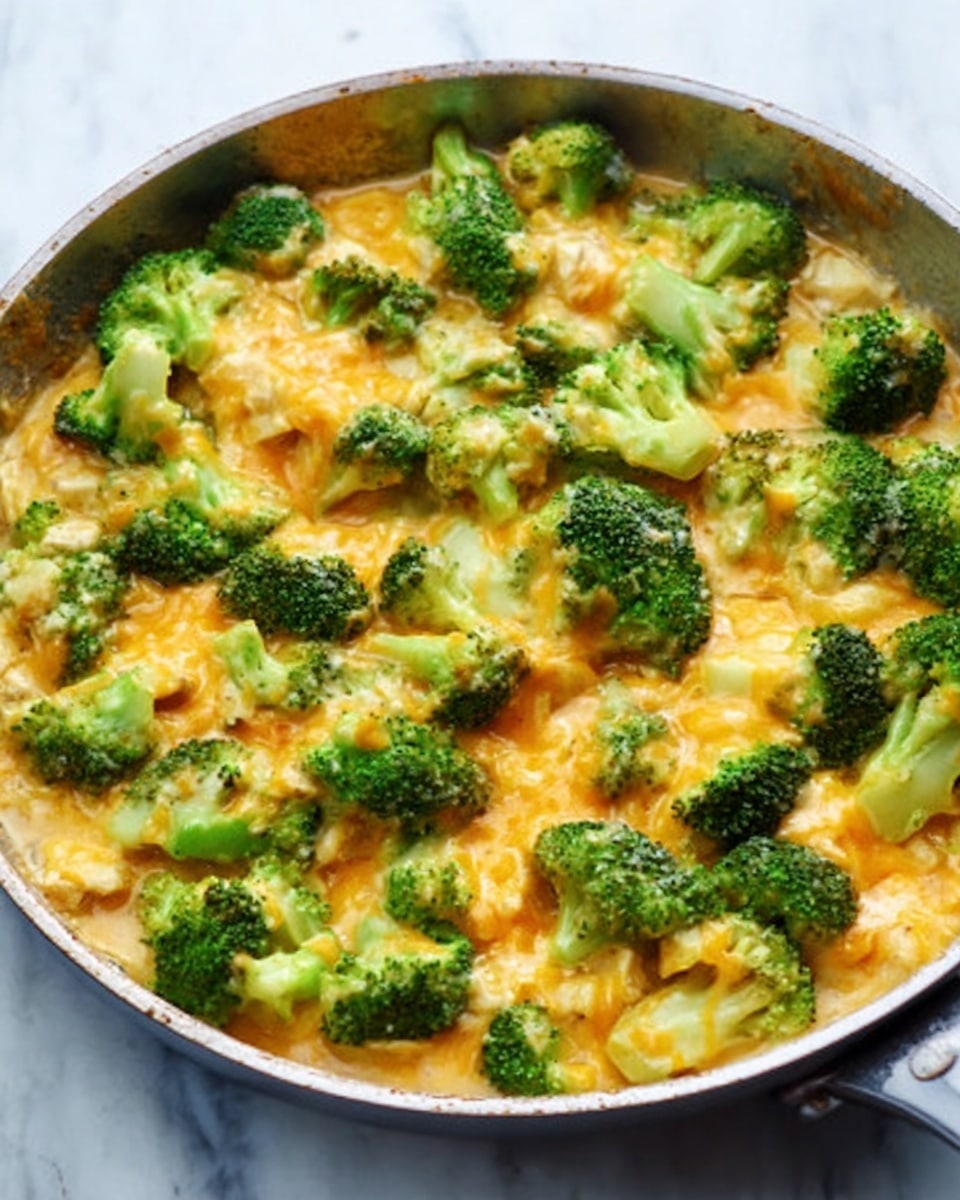The image shows a frying pan filled with a mix of bright green broccoli florets and creamy, melted orange cheese. The broccoli pieces are spread throughout the pan, covered with smooth cheese that looks warm and gooey. The pan has a white marbled surface underneath, giving a clean, fresh look, and the broccoli and cheese fill the pan all the way around, layering together without separate sections. photo taken with an iphone --ar 4:5 --v 7