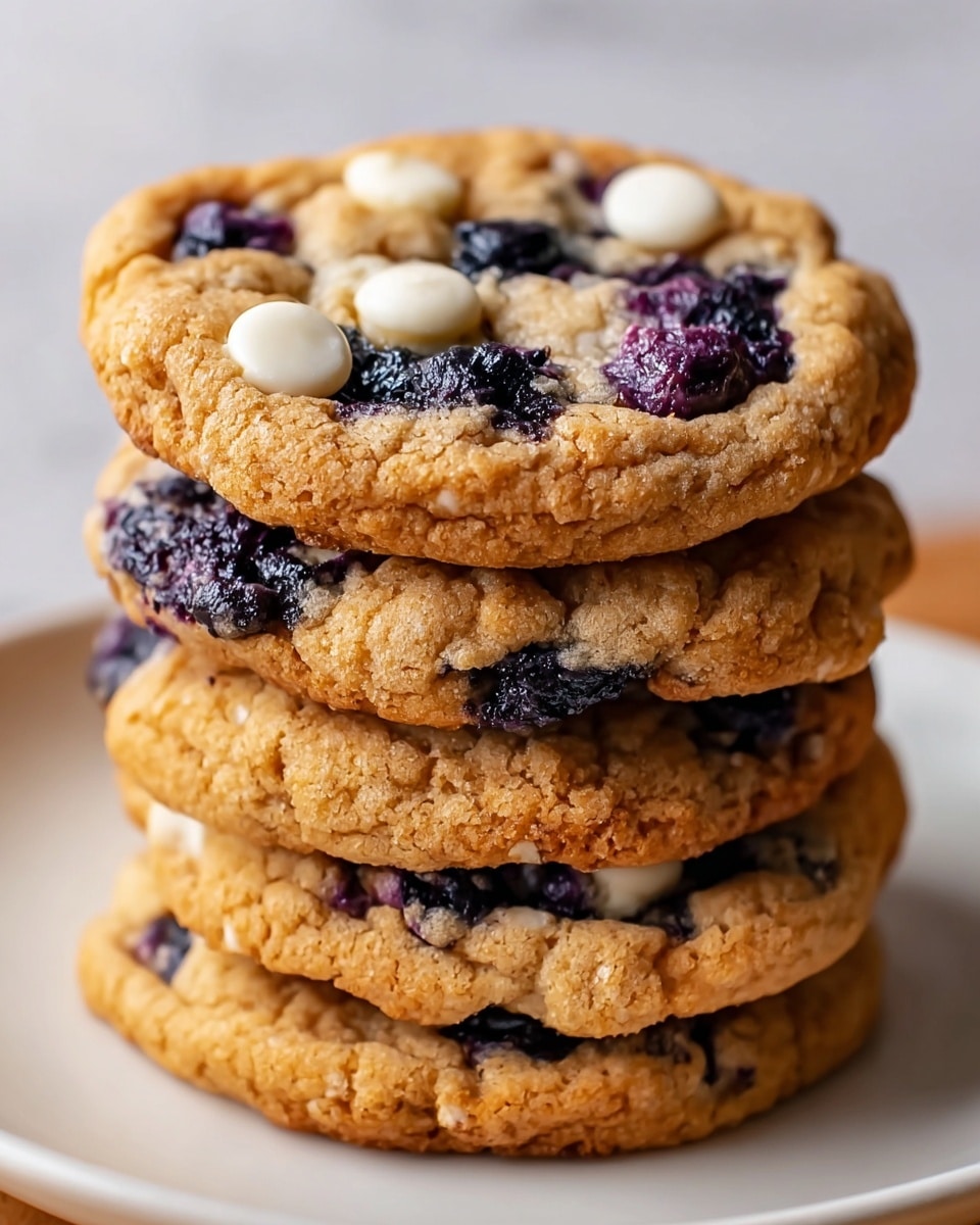 A stack of four soft, thick cookies sits on a white plate with a white marbled surface in the background. Each cookie has a light golden-brown color with a slightly cracked texture and visible plump, glossy blueberries embedded on the top layer. Small white spots of white chocolate chips are also seen scattered on the cookies. The cookies look soft and chewy with a slightly crispy edge, stacked neatly one on top of the other. Photo taken with an iphone --ar 4:5 --v 7