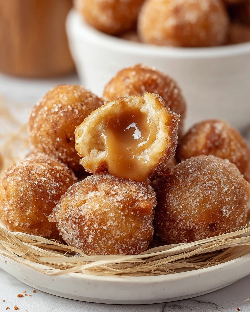 The image shows a close-up of round doughnut holes coated with a mixture of cinnamon and sugar, giving them a light brown color and a slightly rough texture. One of the doughnut holes is broken open at the top, revealing a gooey, shiny, caramel-colored filling inside. The doughnuts are piled on a white plate lined with light, crumpled paper. The background features a white marbled surface with a blurred container of more doughnut holes in the distance. photo taken with an iphone --ar 4:5 --v 7