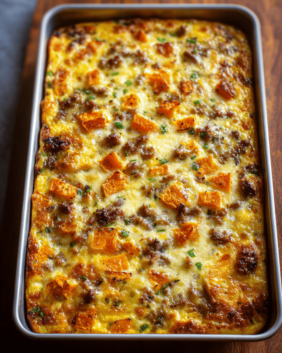 The image shows a rectangular baked casserole in a metal baking tray with a golden brown crust on top, dotted with orange chunks likely to be sweet potatoes and brown bits that look like browned sausage or ground meat. There are visible small green pieces, possibly herbs or vegetables, spread evenly throughout the dish. The surface has a slightly bubbly and textured appearance with some darker caramelized spots mainly around the edges. The casserole looks thick and well-baked with a mix of creamy yellow and orange tones blending together. Photo taken with an iphone --ar 4:5 --v 7