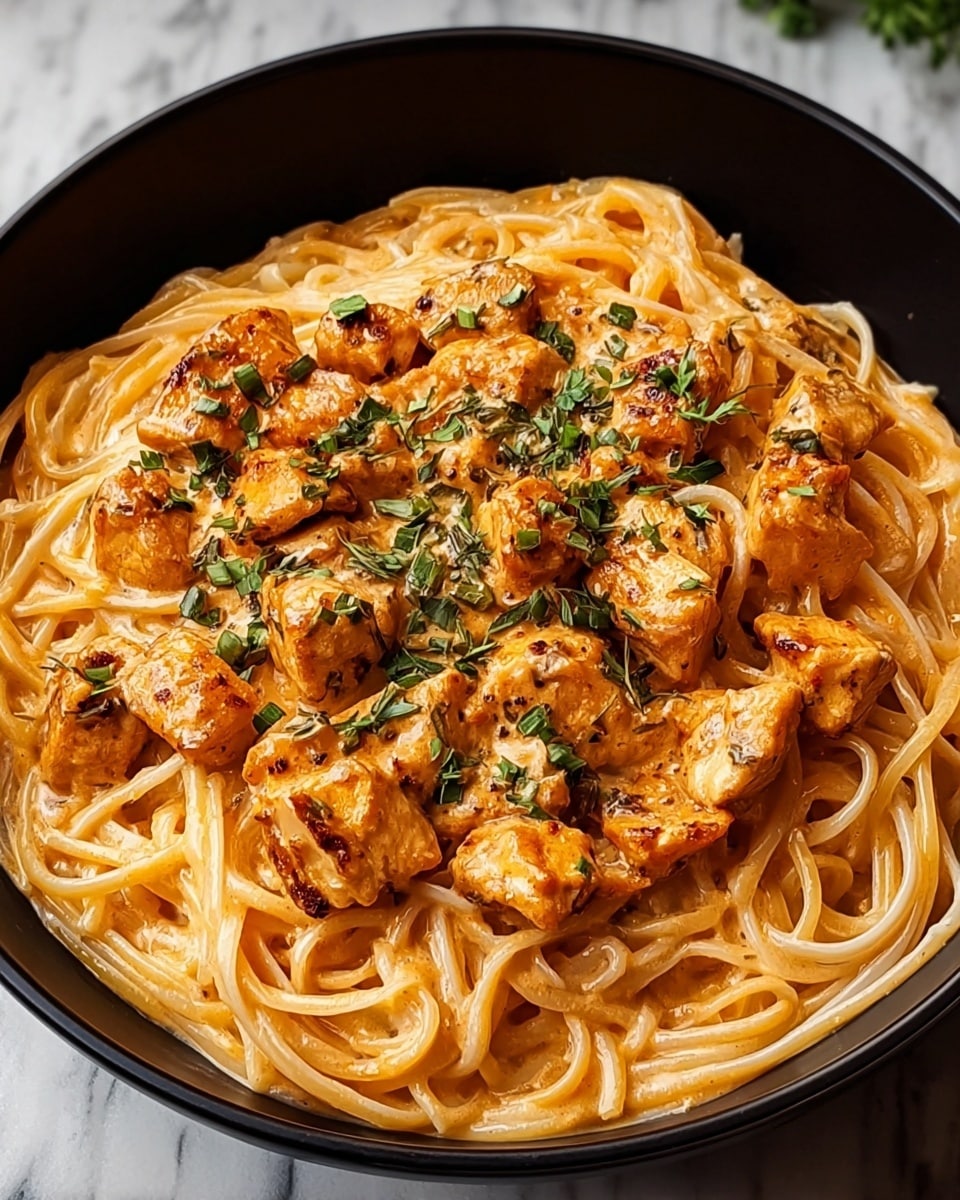 A black bowl holds a creamy pasta dish with thin spaghetti noodles as the base layer, covered in a rich, light orange sauce. On top, there are large, browned chunks of chicken evenly spread, mixed into the noodles. Small green herb pieces are sprinkled over the chicken and sauce, adding color contrast. The bowl sits on a white marbled surface. photo taken with an iphone --ar 4:5 --v 7