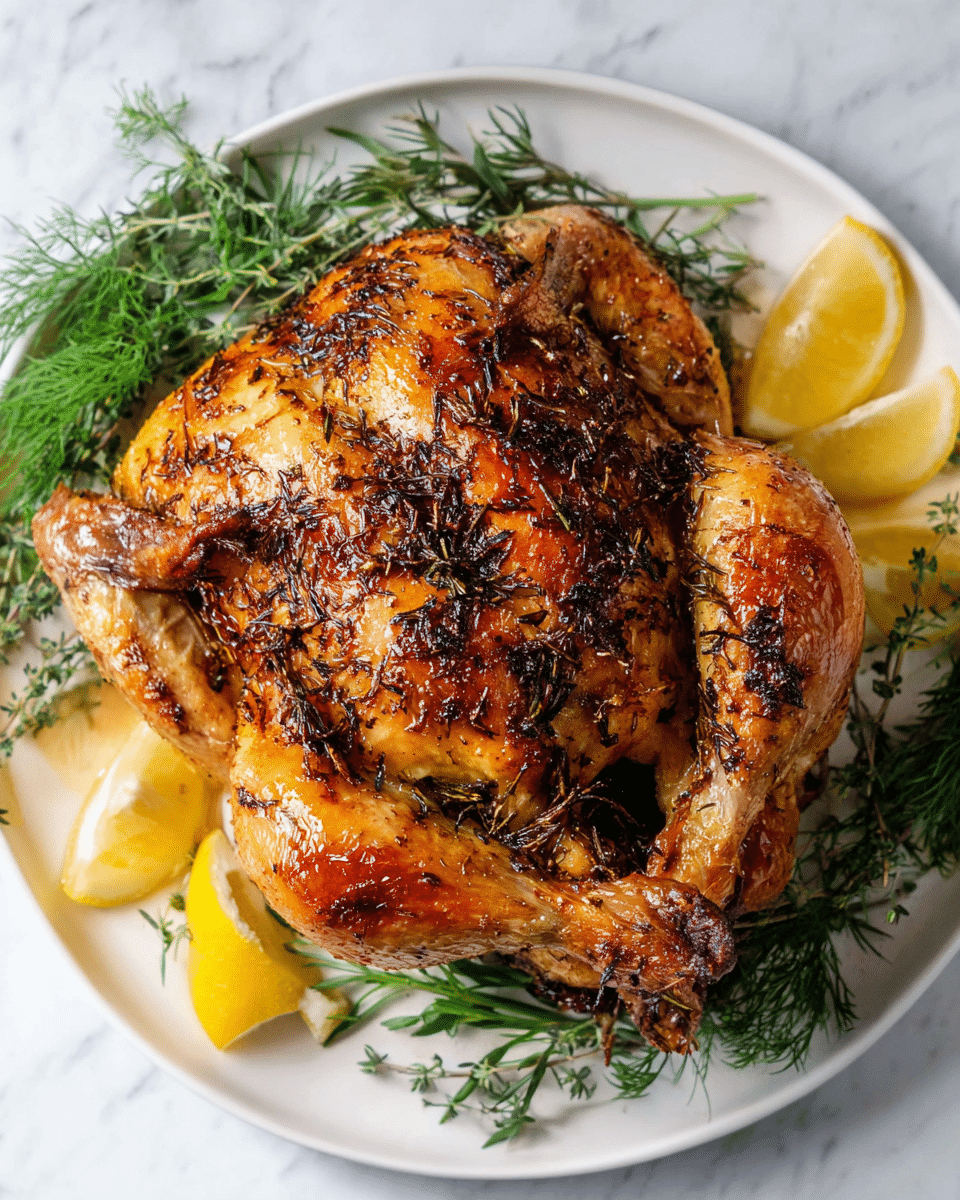 A whole roasted chicken with golden brown, crispy skin covered with small bits of dark herbs sits on a white plate. Below the chicken, there are green herb sprigs spread around the base. To the side of the chicken, there are three yellow lemon wedges placed on the plate. The plate is set on a white marbled surface. photo taken with an iphone --ar 4:5 --v 7