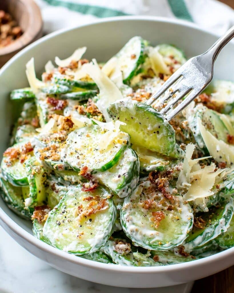 Greek Cucumber Salad with Parmesan, Bacon, and Caesar Dressing Recipe