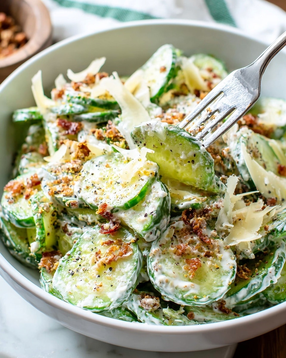 A bowl of cucumber salad showing thick slices of bright green cucumber layered with creamy white dressing, topped with thin light yellow cheese shavings and small brown crispy bits scattered over the top. A silver fork is lifting some of the salad, with the cucumber slices showing a juicy texture and the dressing coating them evenly. The bowl is white and placed on a white marbled surface with a hint of a cloth napkin with green stripes in the background. photo taken with an iphone --ar 4:5 --v 7
