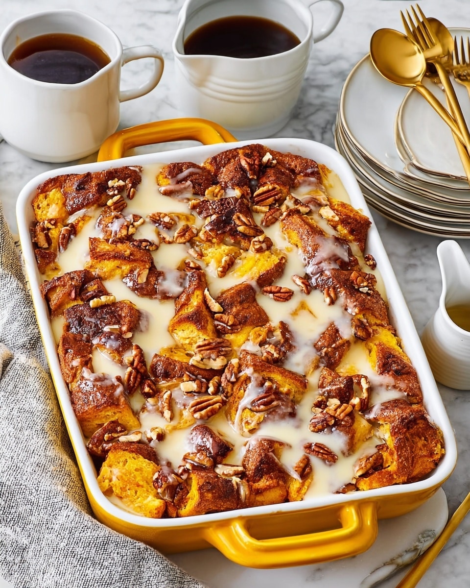 A white rectangular baking dish with yellow handles is filled with a baked bread pudding made of multiple uneven bread pieces, golden brown on top with a soft yellow layer underneath. The surface shows creamy white icing drizzled unevenly and scattered pecan halves adding a dark brown, textured crunch. The dish is placed on a white marbled surface alongside a white cup of black coffee, a white pitcher of cream, a small white sauce jug, and a stack of white plates with golden forks and spoons nearby. Photo taken with an iphone --ar 4:5 --v 7