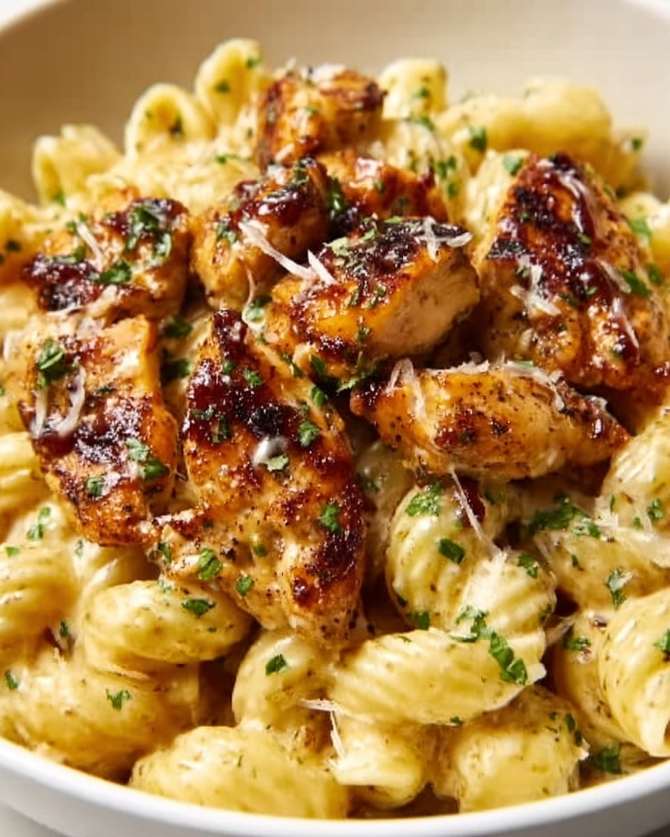 A white bowl filled with creamy penne pasta, topped with several pieces of grilled chicken that are golden brown with a slight char. The chicken pieces are sprinkled with finely chopped green herbs, contrasting with the pale yellow sauce coating the pasta. The creamy texture of the pasta is visible beneath the chicken, and the dish looks rich and flavorful. The background is a white marbled surface. Photo taken with an iphone --ar 4:5 --v 7